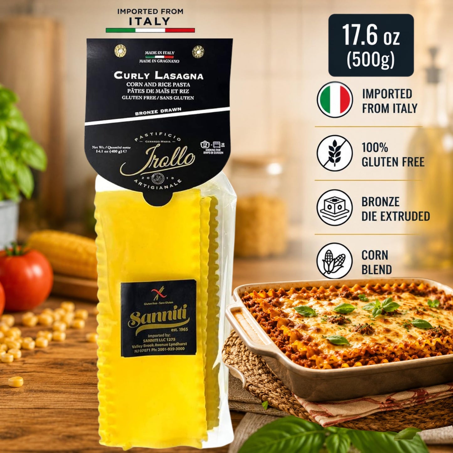 Sanniti by Irollo Gluten Free Curly Lasagna Pasta 17.6 oz, Corn & Rice Blend, Bronze Drawn - Authentic Italian Pasta Made in Italy