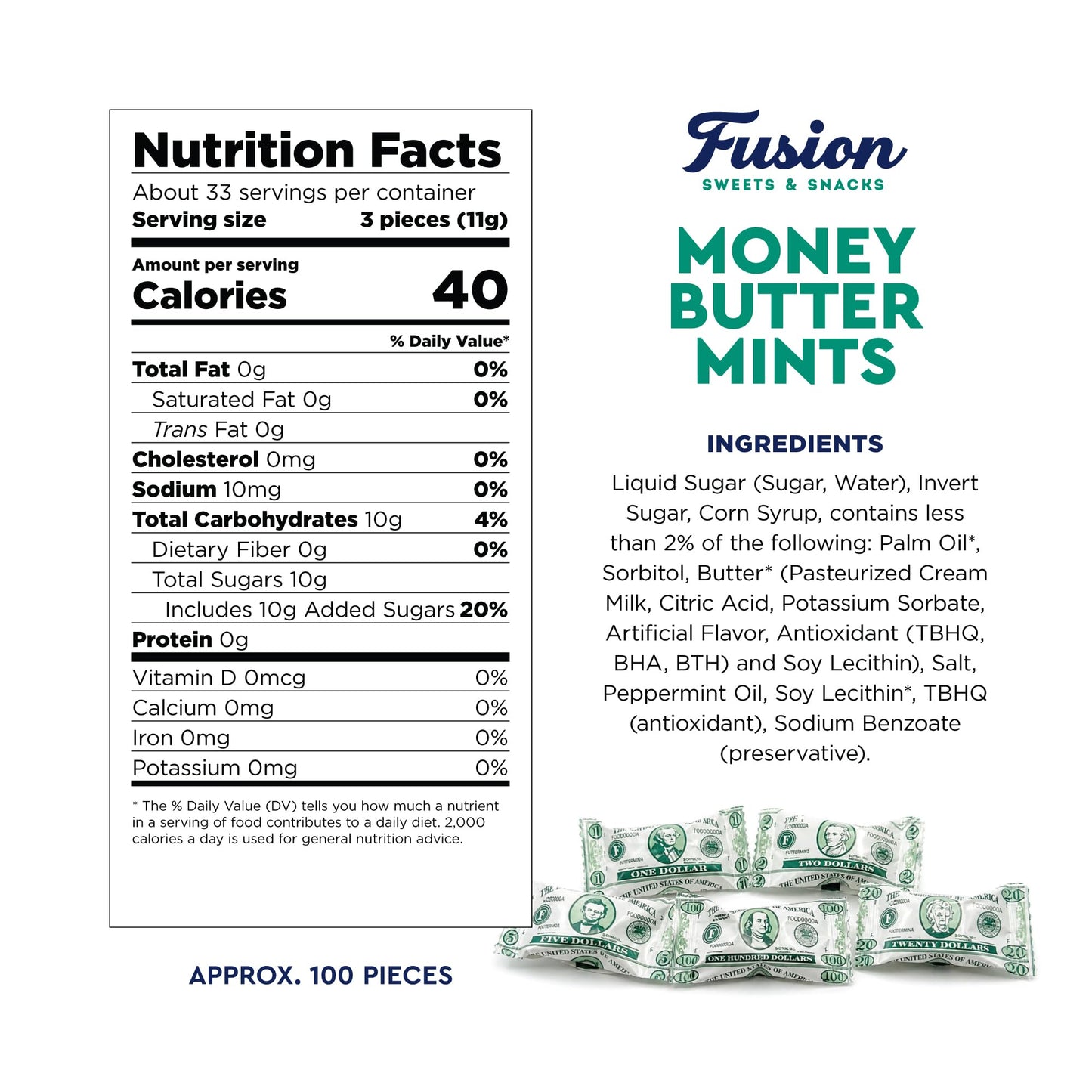 Money Buttermints Individually Wrapped, 100 Pieces | Creamy Mint Candy for Casino Party Favors, Trade Show Giveaways & Money Candy Gifts | Fun Dollar
