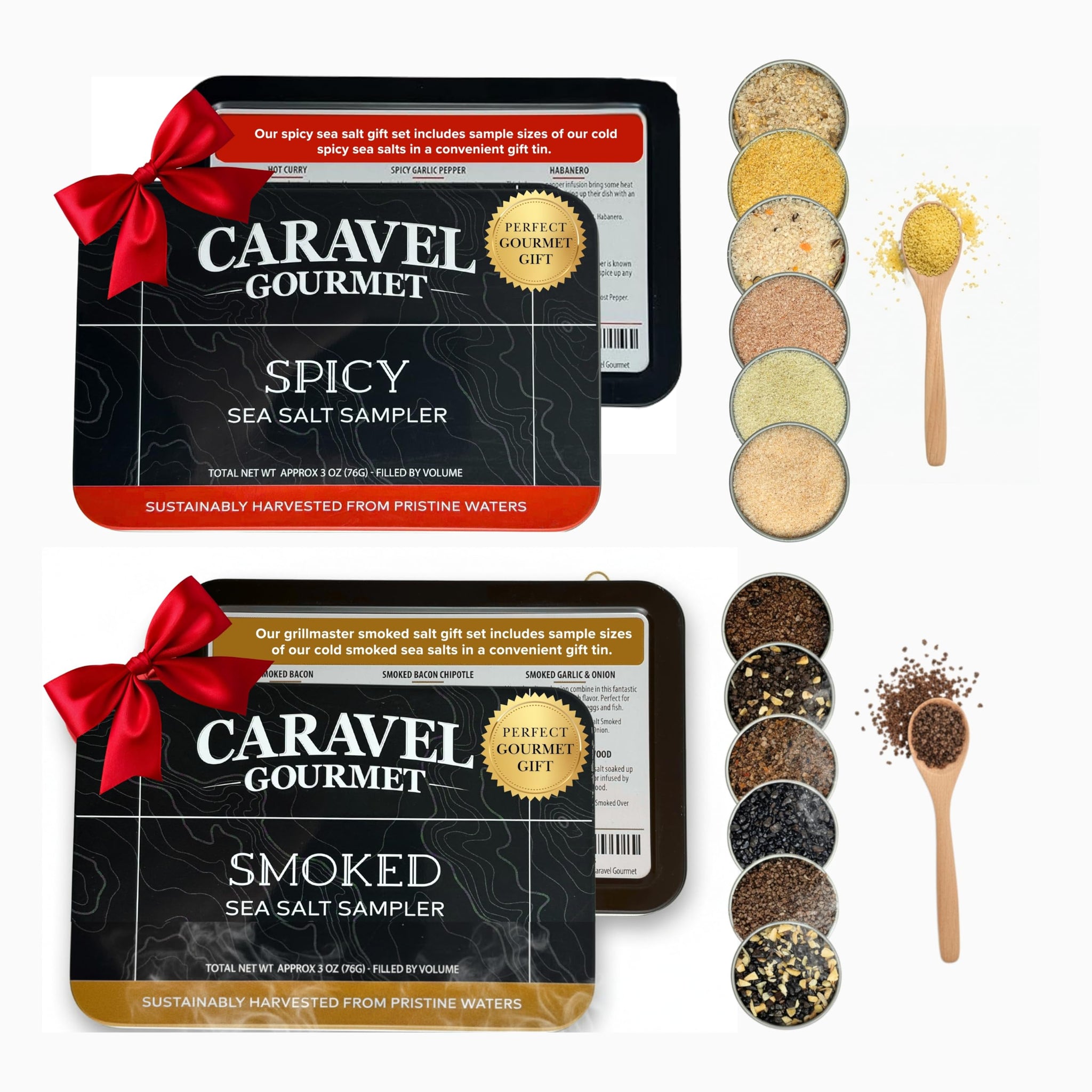 Smoked & Spicy Sea Salt Sampler Collection - 12-Flavor Cooking Salts Bundle in 0.5 oz Reusable Tin Each - Smoky & Spicy Finishing Salt Variety Pack