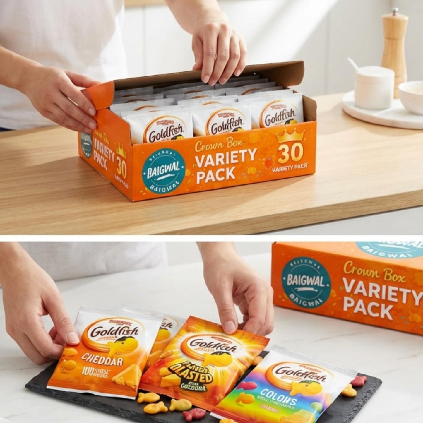 Variety Pack Gold-fish Crackers for Kids, Individual Bags, 30 Pouches, Bulk Snacks Assortment by Baigwal