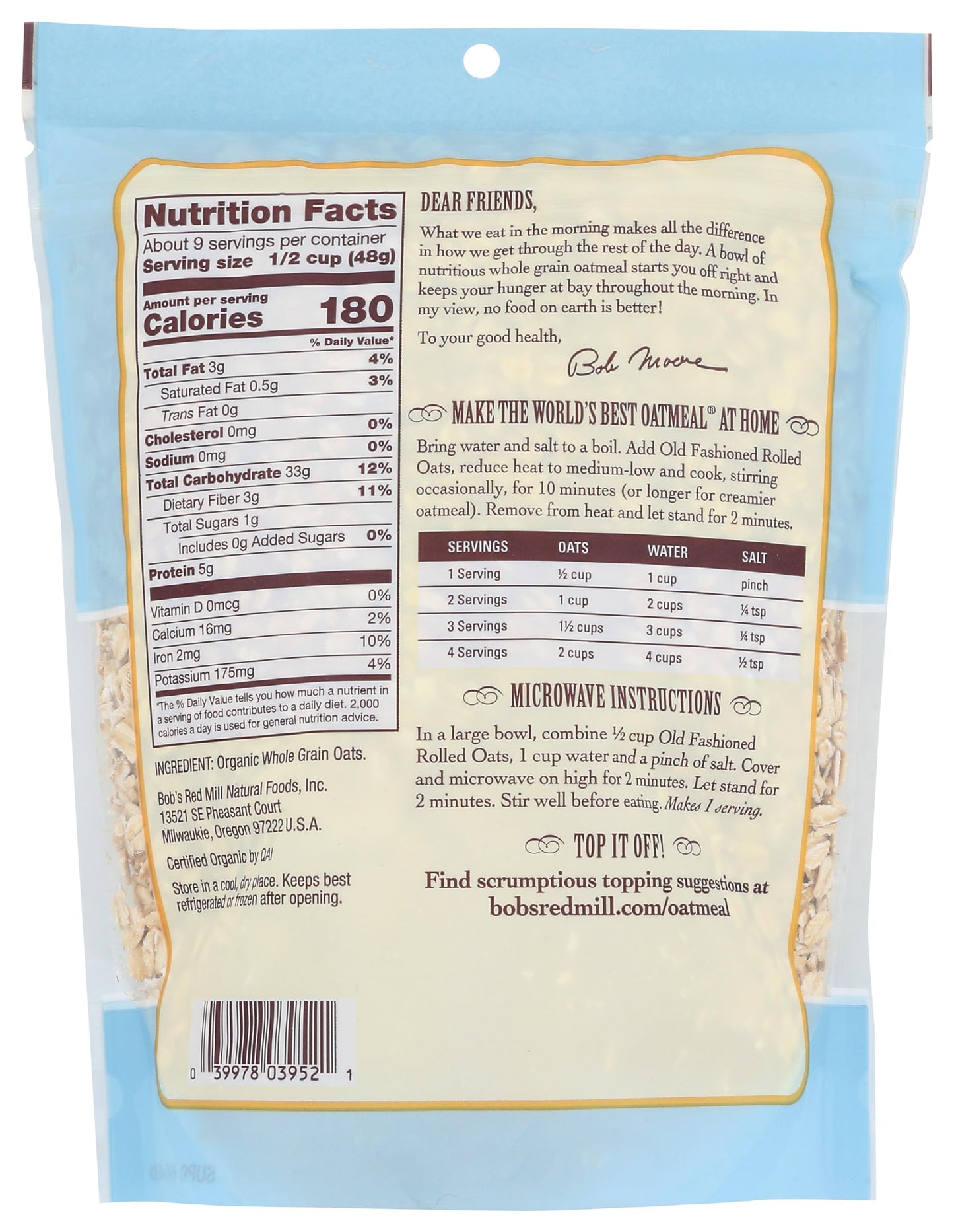 Bob's Red Mill Organic Old Fashioned Rolled Oats, 16oz (Pack of 1) - Organic, Non GMO, Whole Grain, Vegan, Kosher