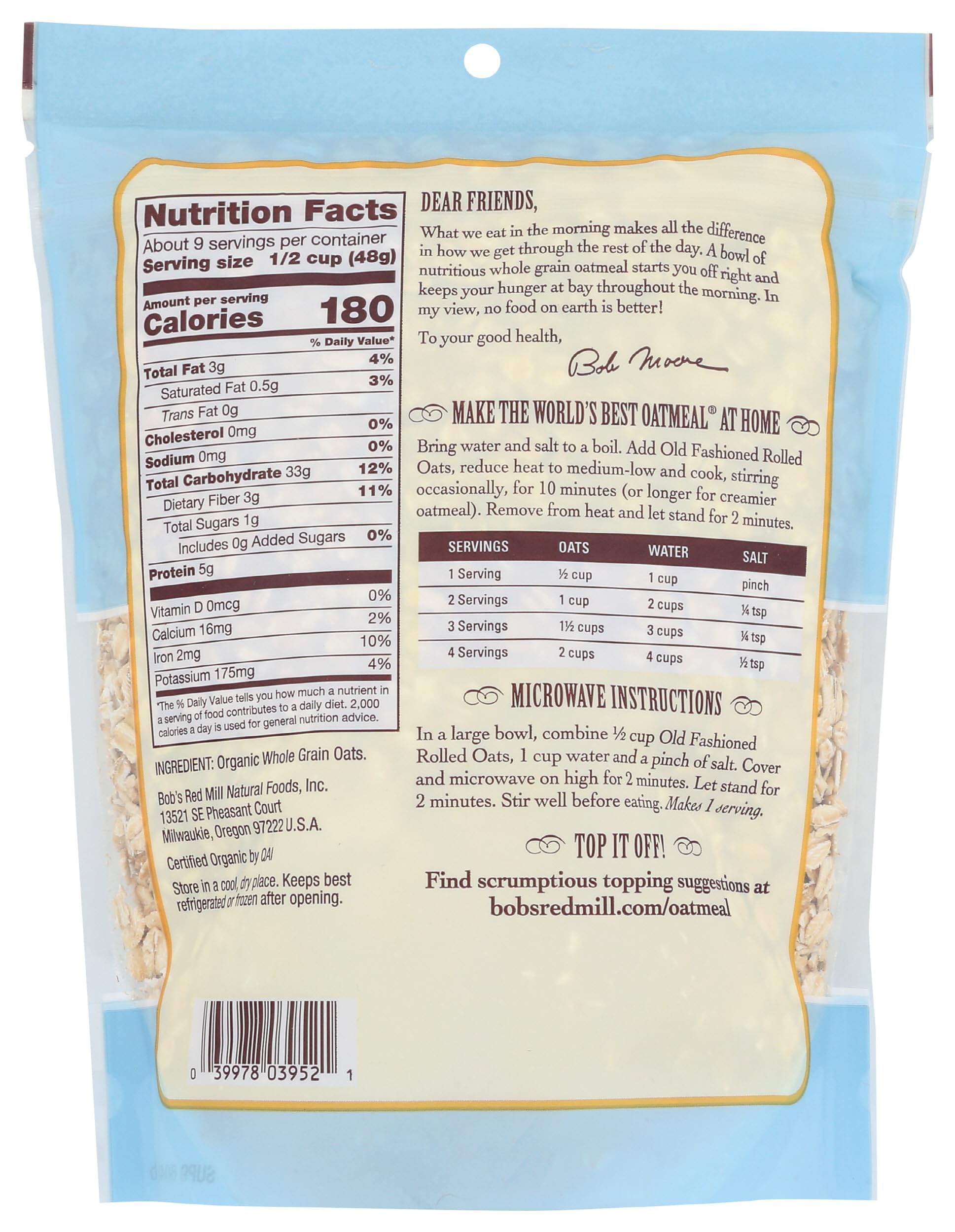 Bob's Red Mill Organic Old Fashioned Rolled Oats, 16oz (Pack of 1) - Organic, Non GMO, Whole Grain, Vegan, Kosher