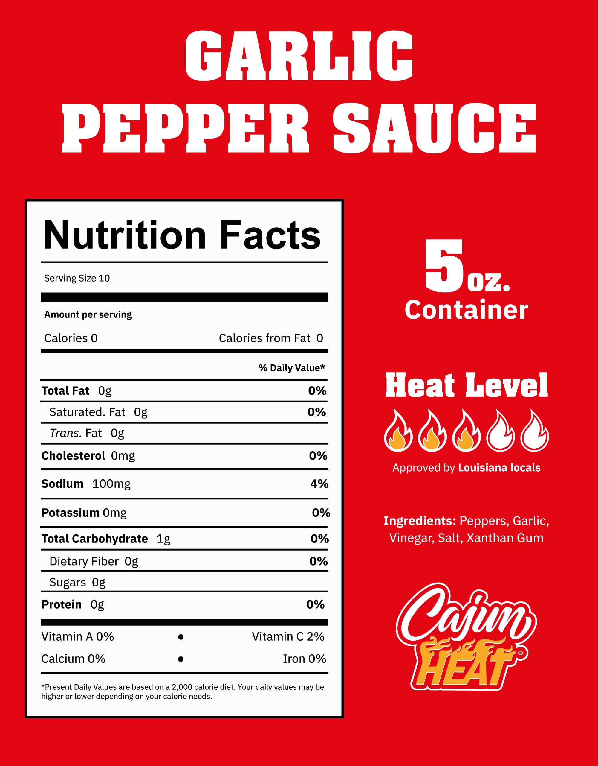 Cajun Nation CAJUN HEAT Garlic Pepper Sauce 5oz - Spicy Garlic Hot Sauce with No MSG - Authentic Louisiana Style Heat from the Cajun Coast - Low