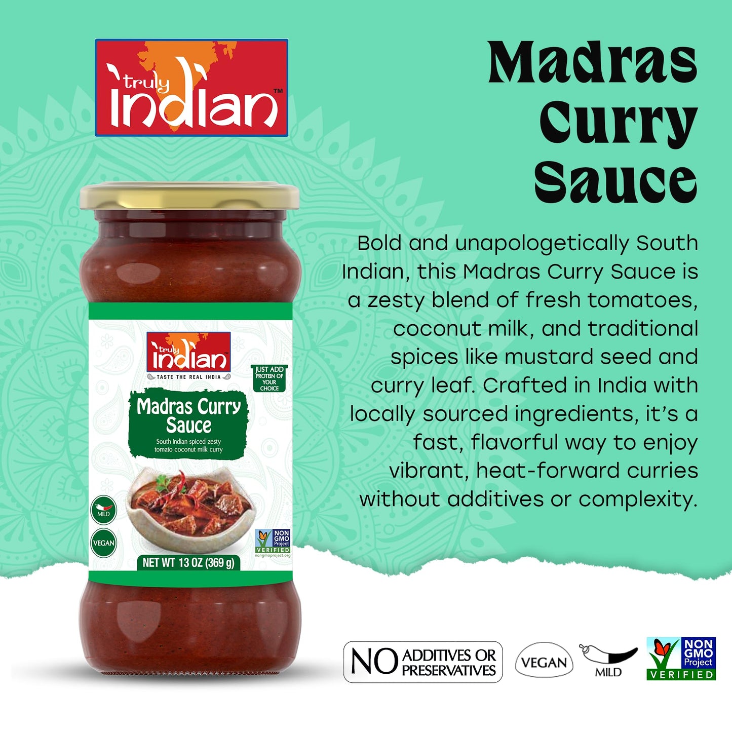 Truly Indian Madras Curry Sauce | Vegan, Authentic Traditional Indian Food Cooking Sauces | Made Fresh in India With Locally Grown Ingredients | Add