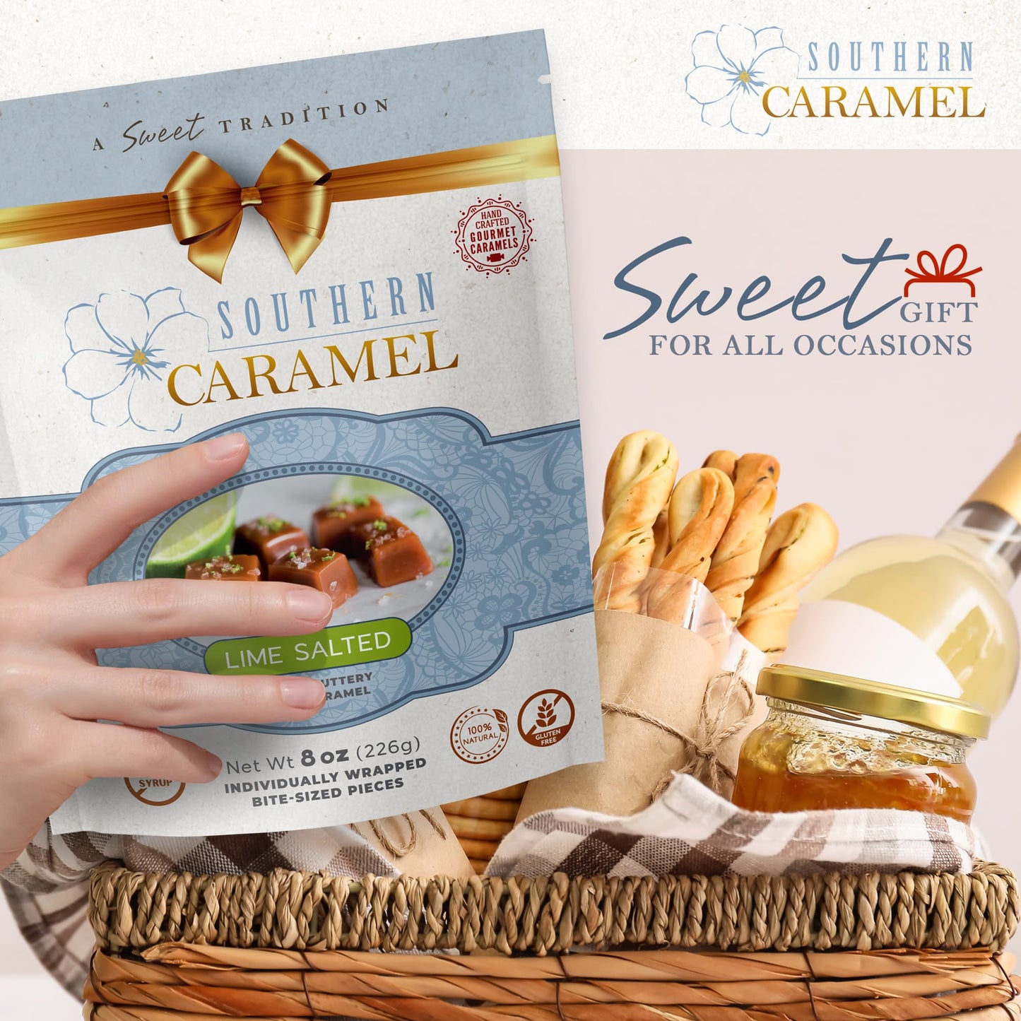 Southern Caramel Lime Salted Caramels, Soft Buttery Gourmet Caramel Candy Finished with House-Made Lime Salt, Handcrafted, Small Batch, Gluten Free