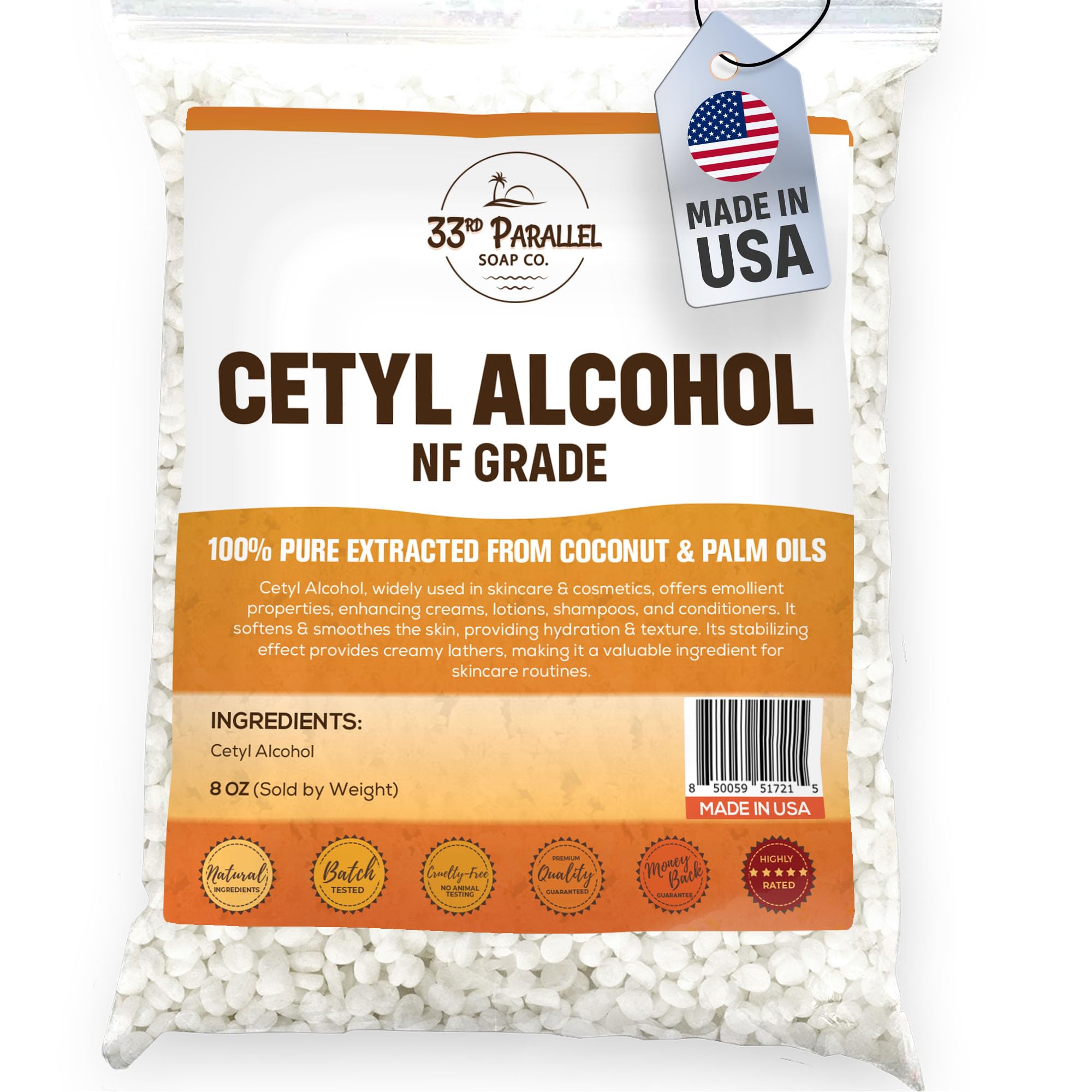 Cetyl Alcohol NF Grade (8 oz) 100% Pure Extracted from Coconut & Palm Oils. Premium Granules Cetyl Alcohol for Lotion Making, Creams, Scrubs