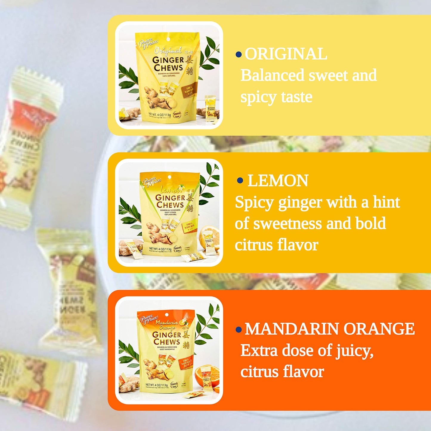 Prince of Peace Ginger Chews Candy Bundle - Original, Lemon, Orange, Mango, Lychee and Peanut Butter Flavors - 100% Natural, Vegan and Gluten-Free