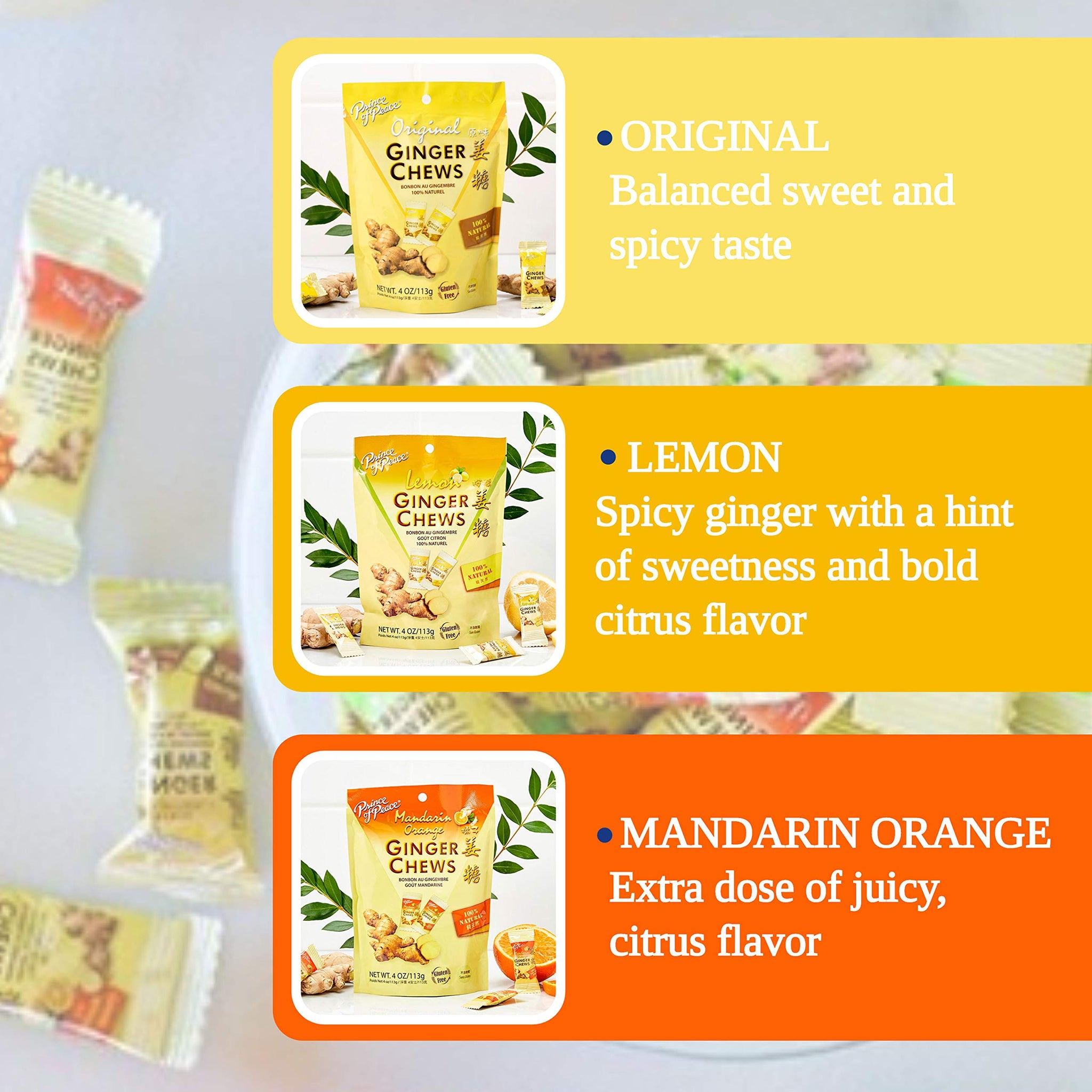 Prince of Peace Ginger Chews Candy Bundle - Original, Lemon, Orange, Mango, Lychee and Peanut Butter Flavors - 100% Natural, Vegan and Gluten-Free