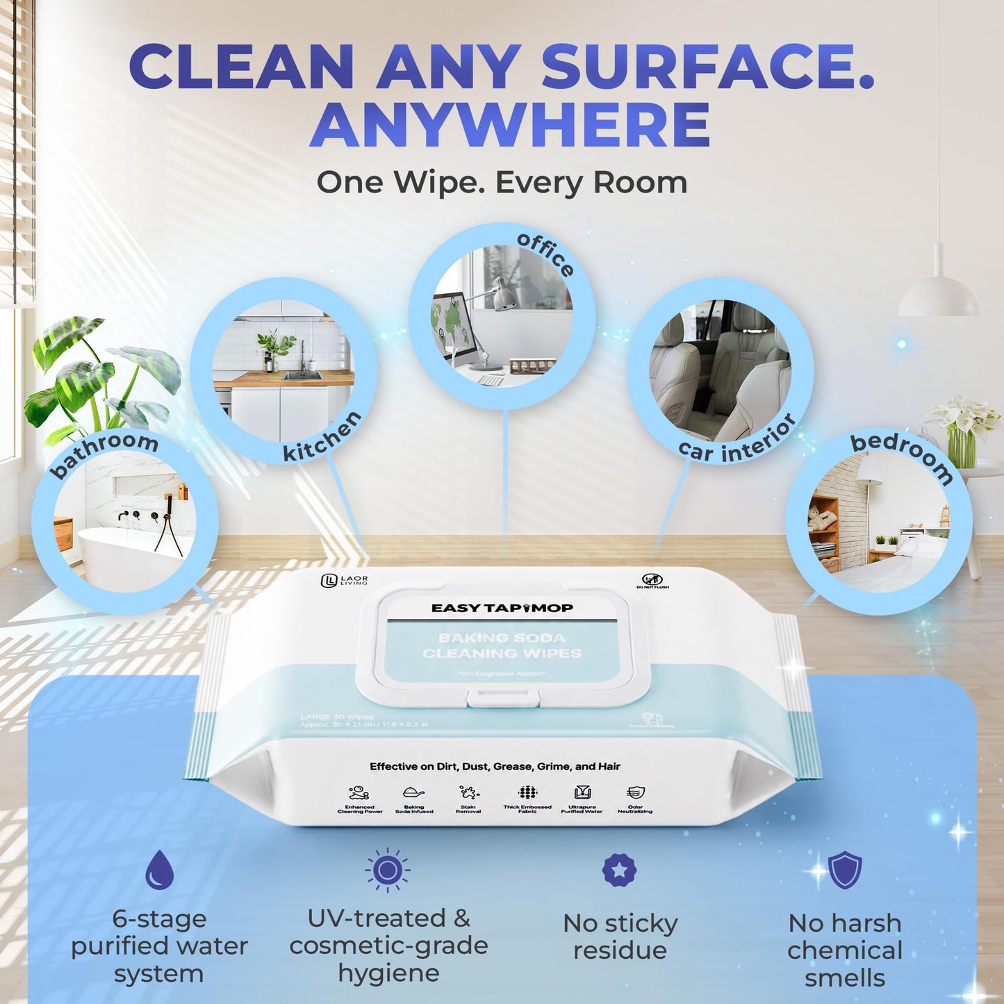 EASY TAP MOP Baking Soda Cleaning Wipes - Wet Floor Mopping Replacement Pad Refills Compatible with Swiffer Sweeper Mop - Larger & Thicker Disposable