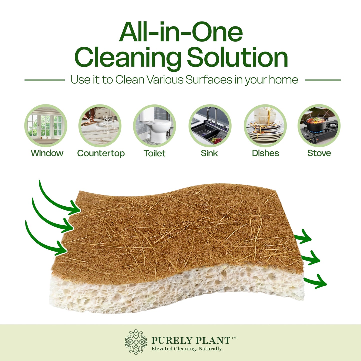 Purely Plant Natural Kitchen Sponges (12 Pack) - Biodegradable Cellulose & Coconut fiber Scrubber Dish Sponges, Eco-Friendly, Compostable