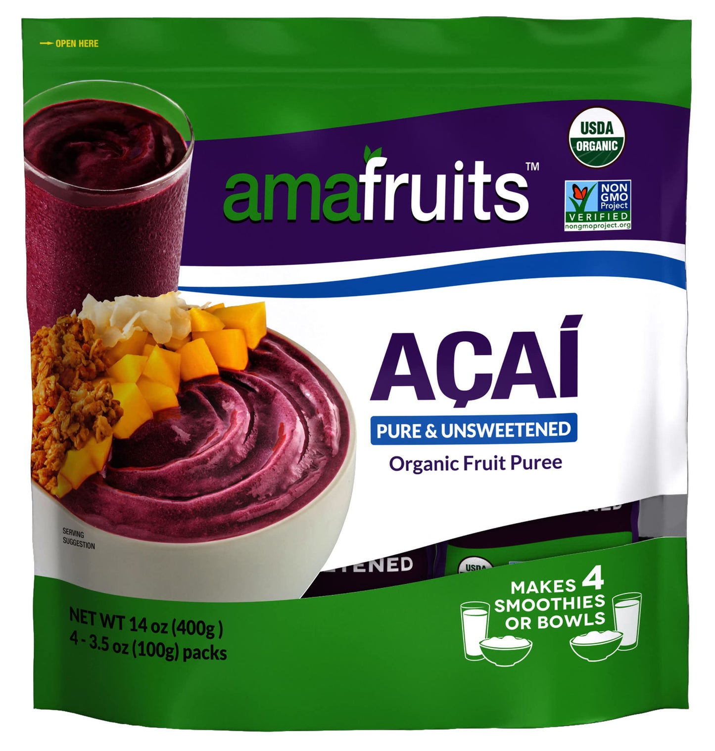 Amafruits Acai Berry Frozen Puree Pure and Unsweetened Smoothie and Bowl Packs | USDA Organic | Non-GMO Certified | Zero Sugar | Antioxidant Rich