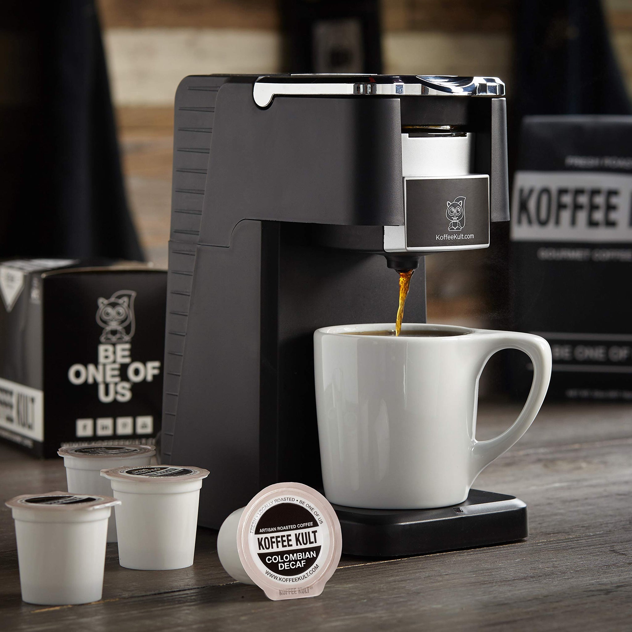 Koffee Kult Premium Decaf Colombia Medium Roast Coffee Single Serve coffee cups in pods - 64 count