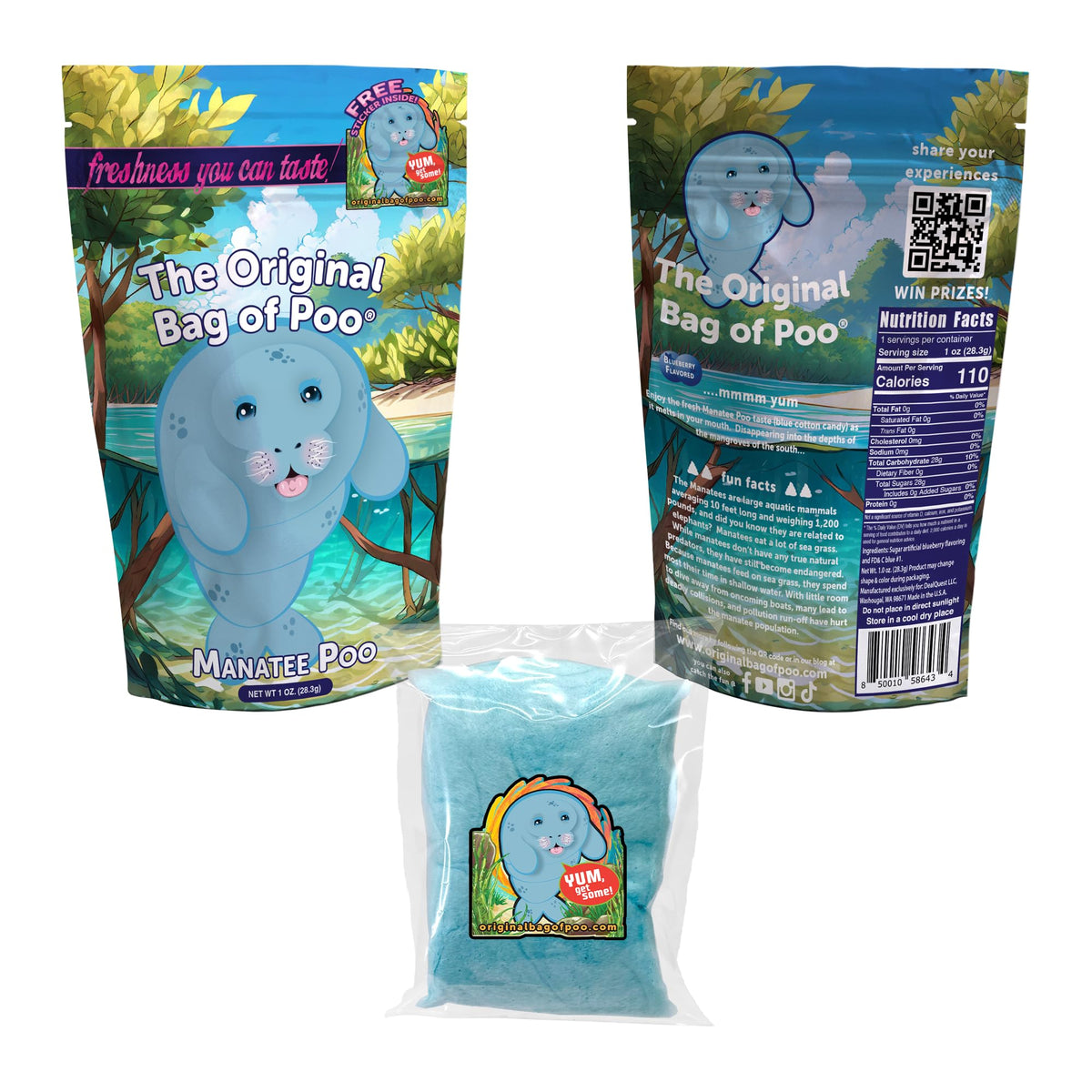 The Original Bag of Poo®, Manatee Poo (Blueberry Flavor Cotton Candy) Novelty Poop Gag Gift. Free sticker inside.