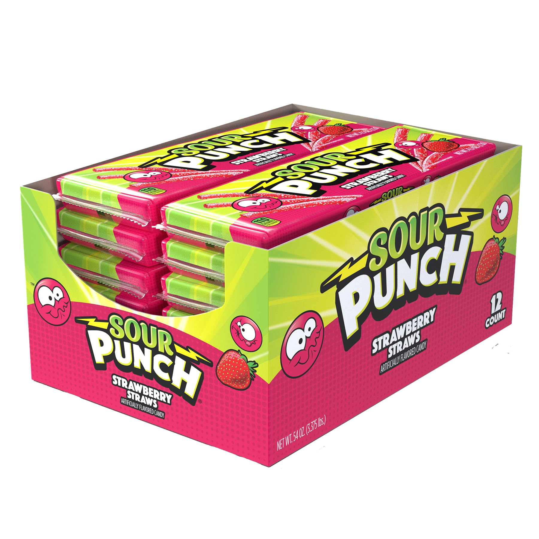 Sour Punch Straws, Sweet & Sour Strawberry Fruit Flavor, Chewy Candy, 4.5oz Tray (12 Pack)