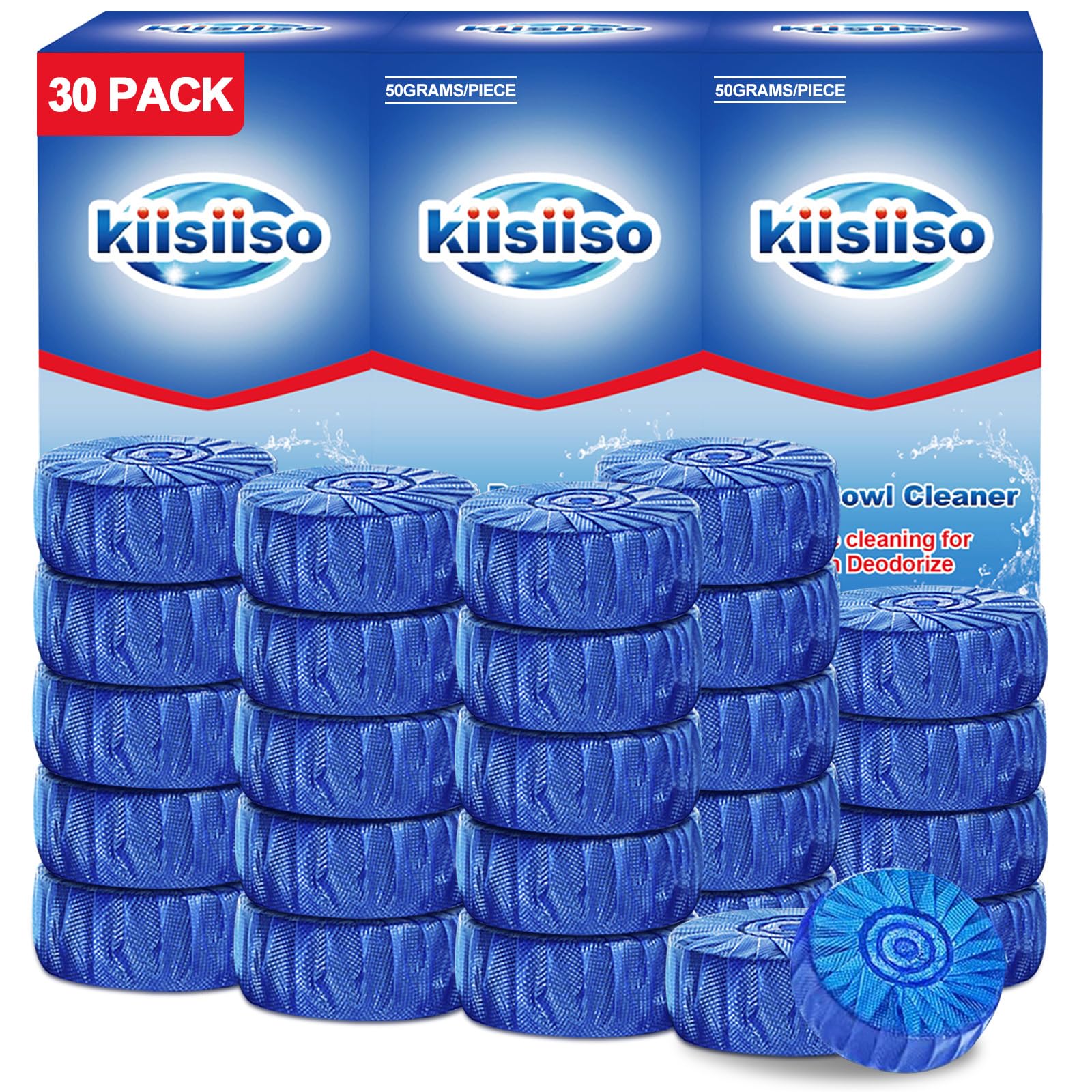 KIISIISO Automatic Toilet Bowl Cleaner Tablets Blue 30 Pack, Drop-In Tank Cleaner for Bathroom, Prevent Stains & Deodorize, Septic Safe, Long-Lasting
