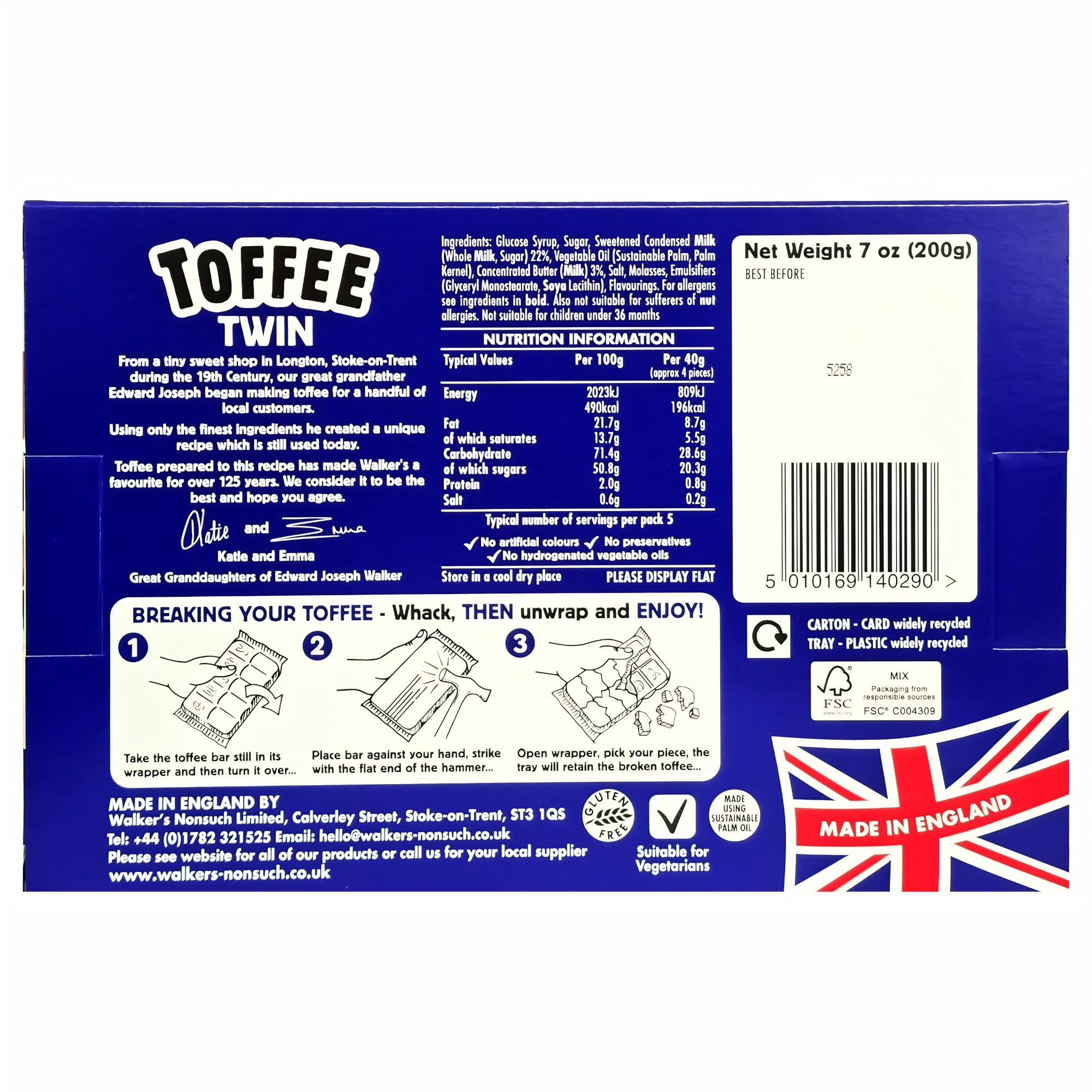 Walkers Nonsuch Twin Toffee Hammer Pack, 7 oz (200g) - Original Creamy English Hard Toffee Candy Bars with Hammer, Traditional British Sweets Novelty