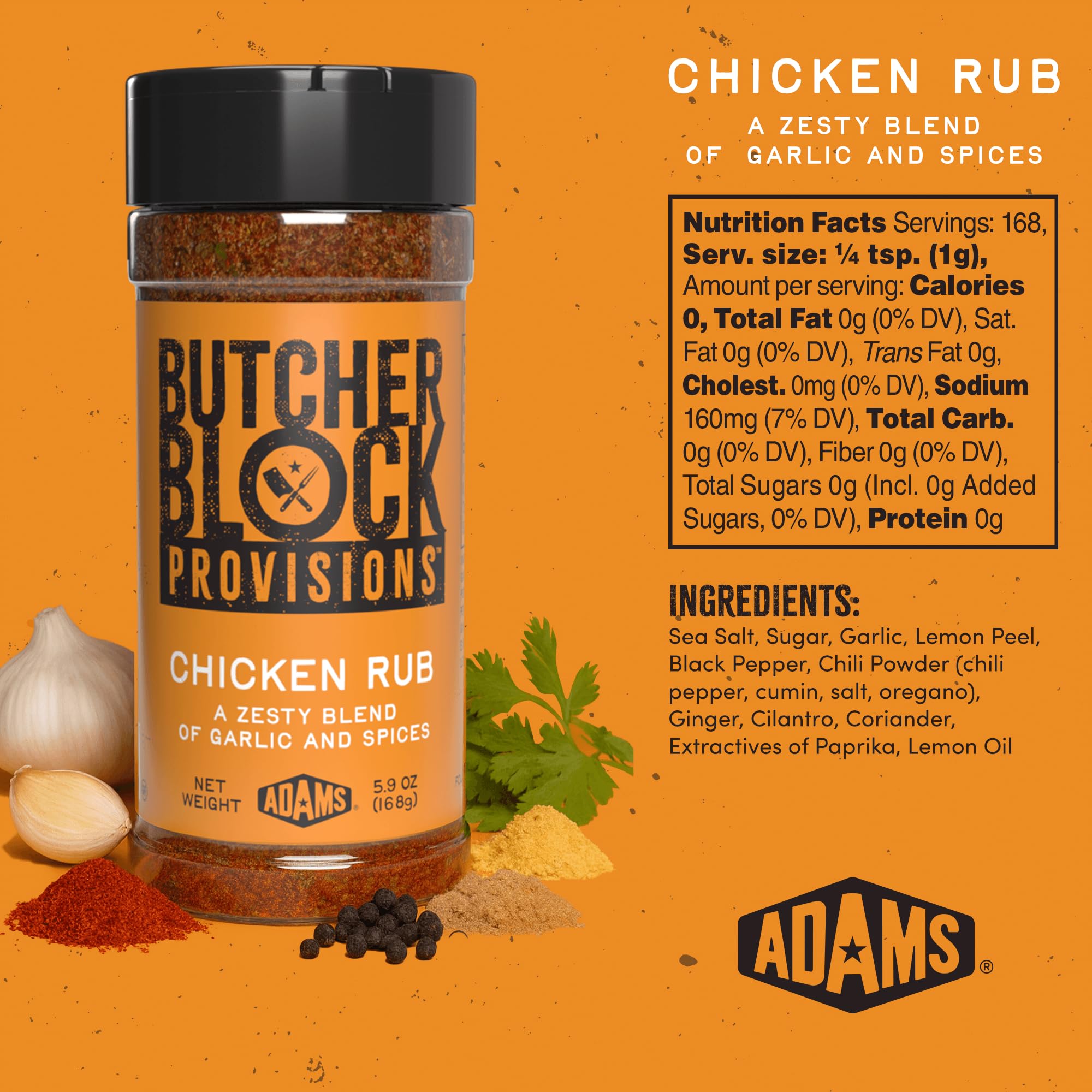 Butcher Block Provisions - Chicken Rub - Zesty Garlic & Spice Blend for Poultry - Sea Salt, Lemon Peel, Chili Powder, Seasoning - 5.9 oz