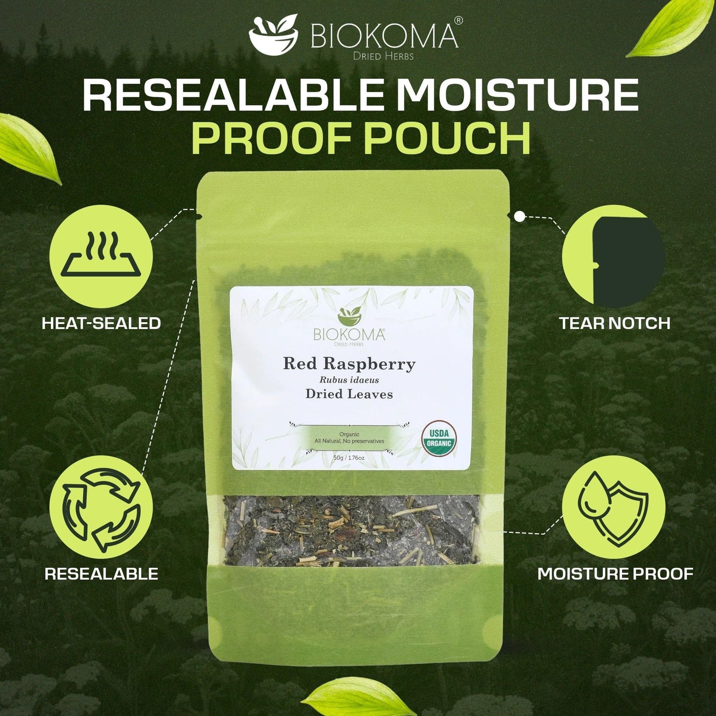 Biokoma Organic Red Raspberry Leaf 50g 1.76oz Dried Cut & Sifted Rubus Idaeus Healthy Pregnancy Support Resealable Pouch USDA Organic Herbal Tea