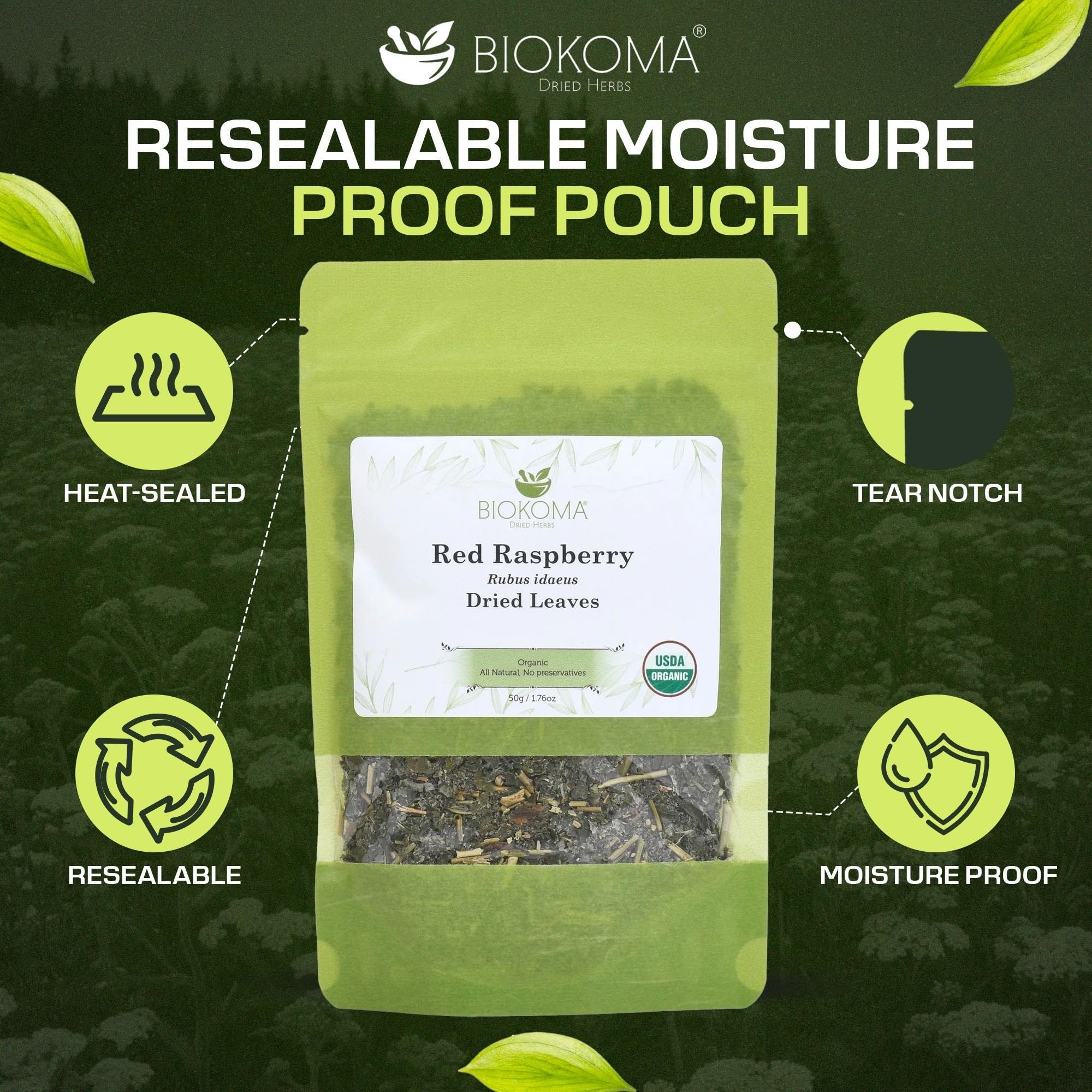 Biokoma Organic Red Raspberry Leaf 50g 1.76oz Dried Cut & Sifted Rubus Idaeus Healthy Pregnancy Support Resealable Pouch USDA Organic Herbal Tea
