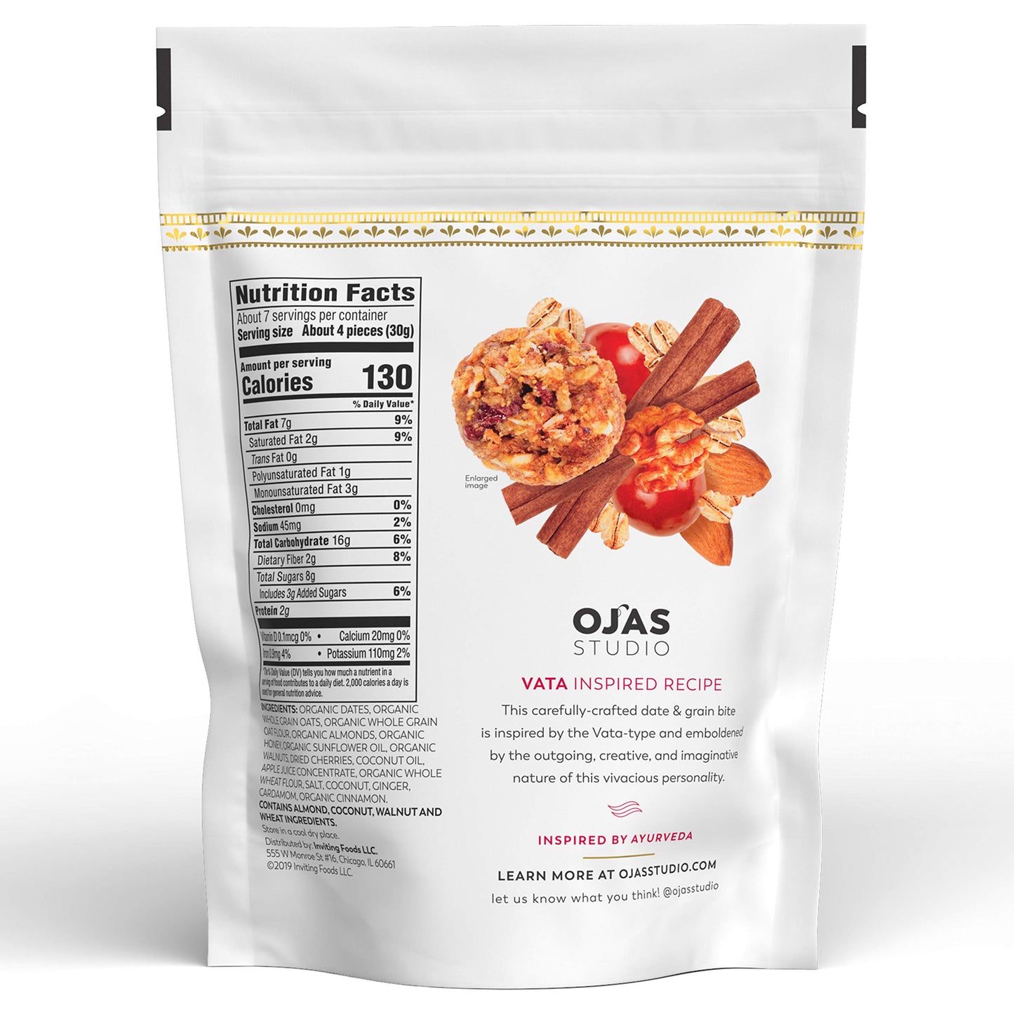 OJAS STUDIO Date & Grain Energy Bites, Cardamom Cinnamon & Walnut, 7-serving resealable bag, 7.9oz, non-GMO, no artificial sweeteners