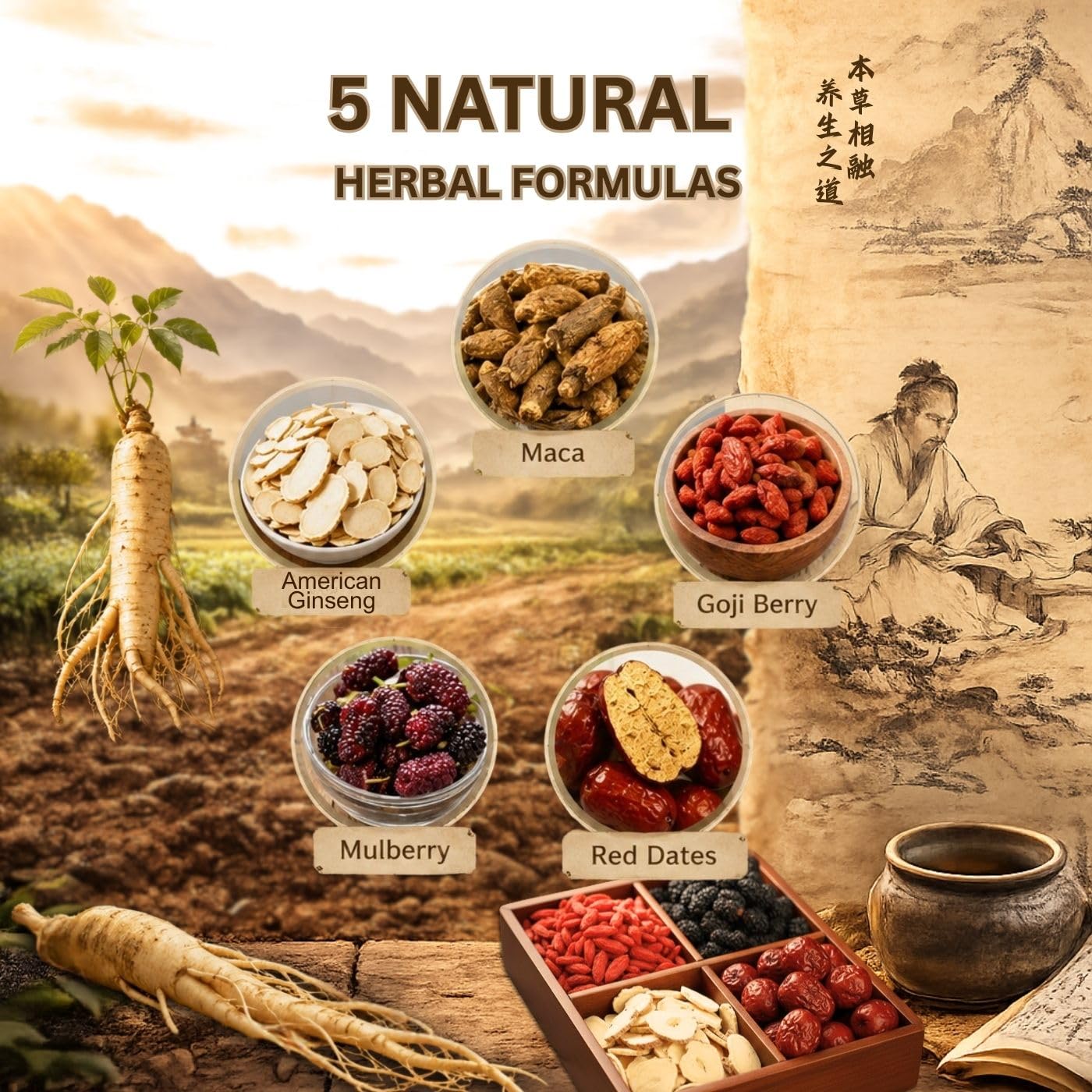 American Ginseng Five Treasures Tea, Kidney Tea Formula with Organic Wolfberry & Mulberry, Traditional Five Treasures Herbal Tea for Men & Women, Six