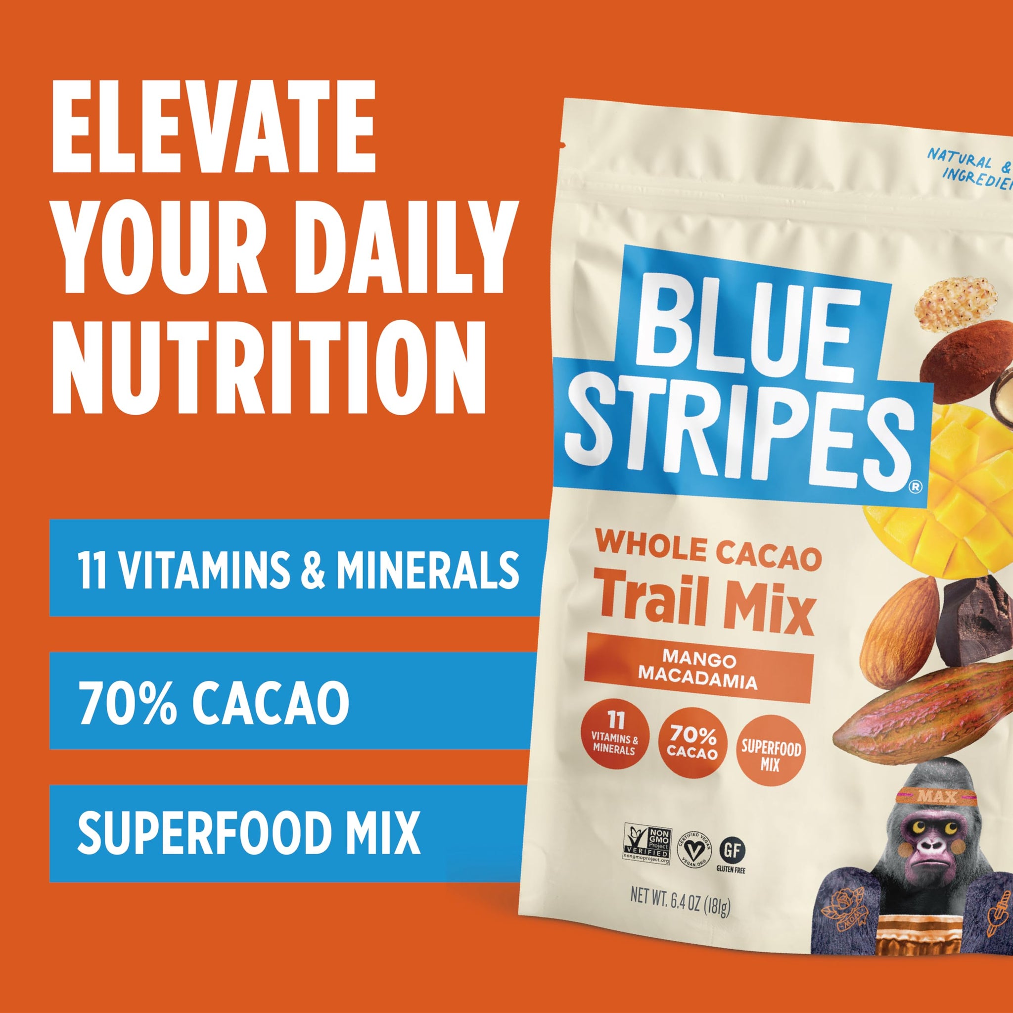 Blue Stripes - Trail Mix, 70% Chocolate Chips, Almonds, Macadamia Nuts, Mango, Healthy Snacks for Adults, Whole 70% Cacao, With Unrefined Sugar, Non