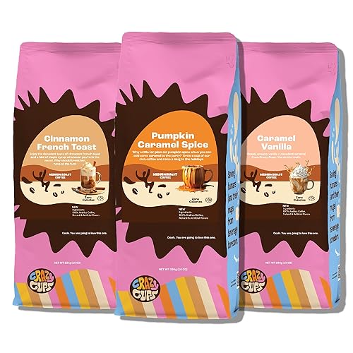 Crazy Cups Flavored Ground Coffee Variety Pack, Includes Cinnamon French Toast, Caramel Vanilla, Pumpkin Caramel Spice, in 10 oz Bags, For Brewing