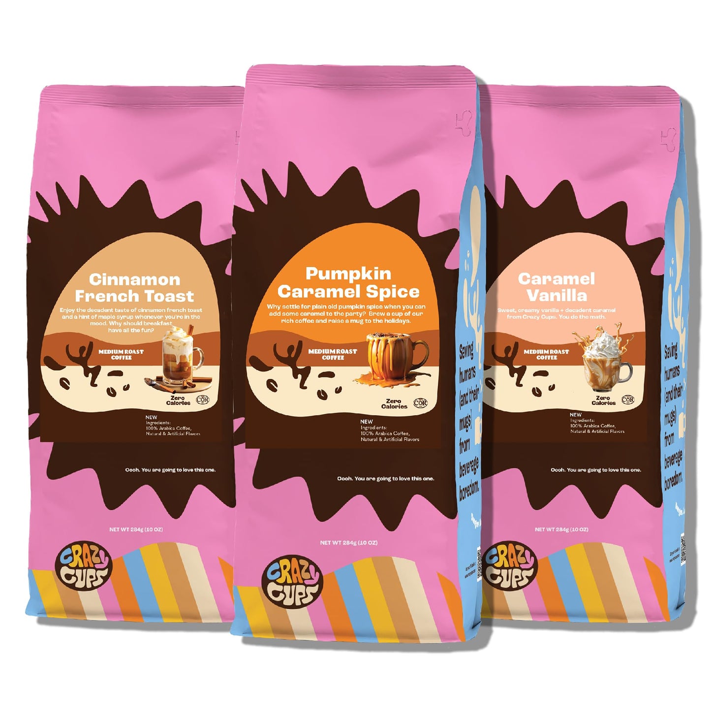 Crazy Cups Flavored Ground Coffee Variety Pack, Includes Cinnamon French Toast, Caramel Vanilla, Pumpkin Caramel Spice, in 10 oz Bags, For Brewing