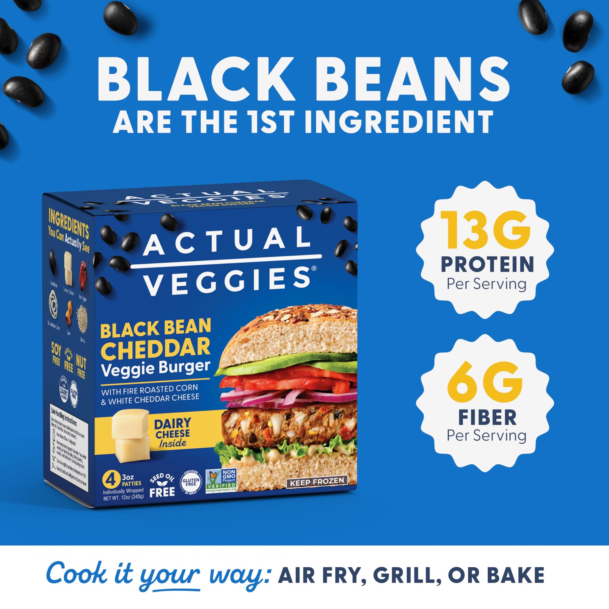 Actual Veggies Black Bean Cheddar Veggie Burger, 12 Oz