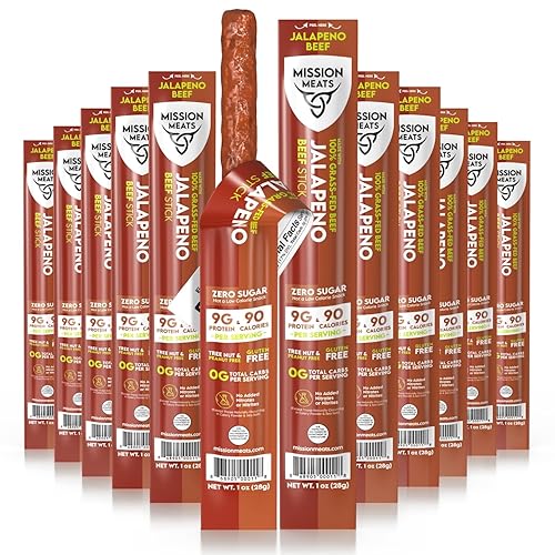 Mission Meats Beef Sticks - 100% Grass Fed & Pasture Raised, Sugar Free, Individually Wrapped Healthy Snacks, Whole 30 & Paleo Friendly, Jalapeno 1oz