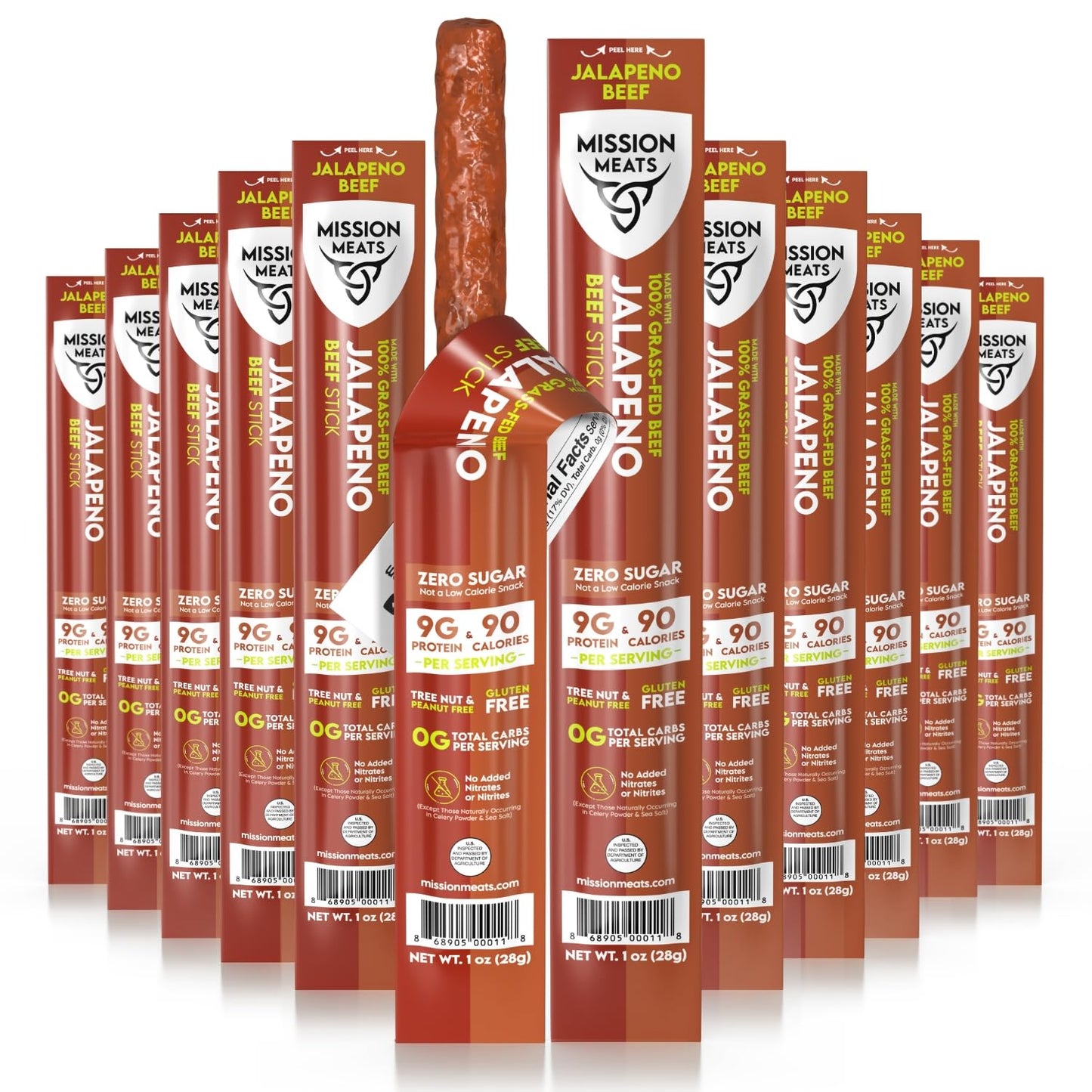 Mission Meats Beef Sticks - 100% Grass Fed & Pasture Raised, Sugar Free, Individually Wrapped Healthy Snacks, Whole 30 & Paleo Friendly, Jalapeno 1oz