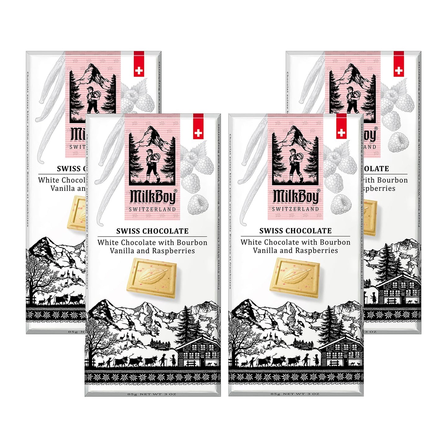 MilkBoy Swiss Chocolates - Premium White Chocolate Bars with Bourbon Vanilla and Raspberry - Candy Bars, Gluten Free, Non-GMO, Kosher - 3 oz (Pack