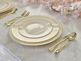 OCCASIONS 300 Pcs Set & 60 Guest Wedding Disposable Plastic Plate & Silverware Combo Set (Ivory & Gold Rim plates, Gold Silverware)