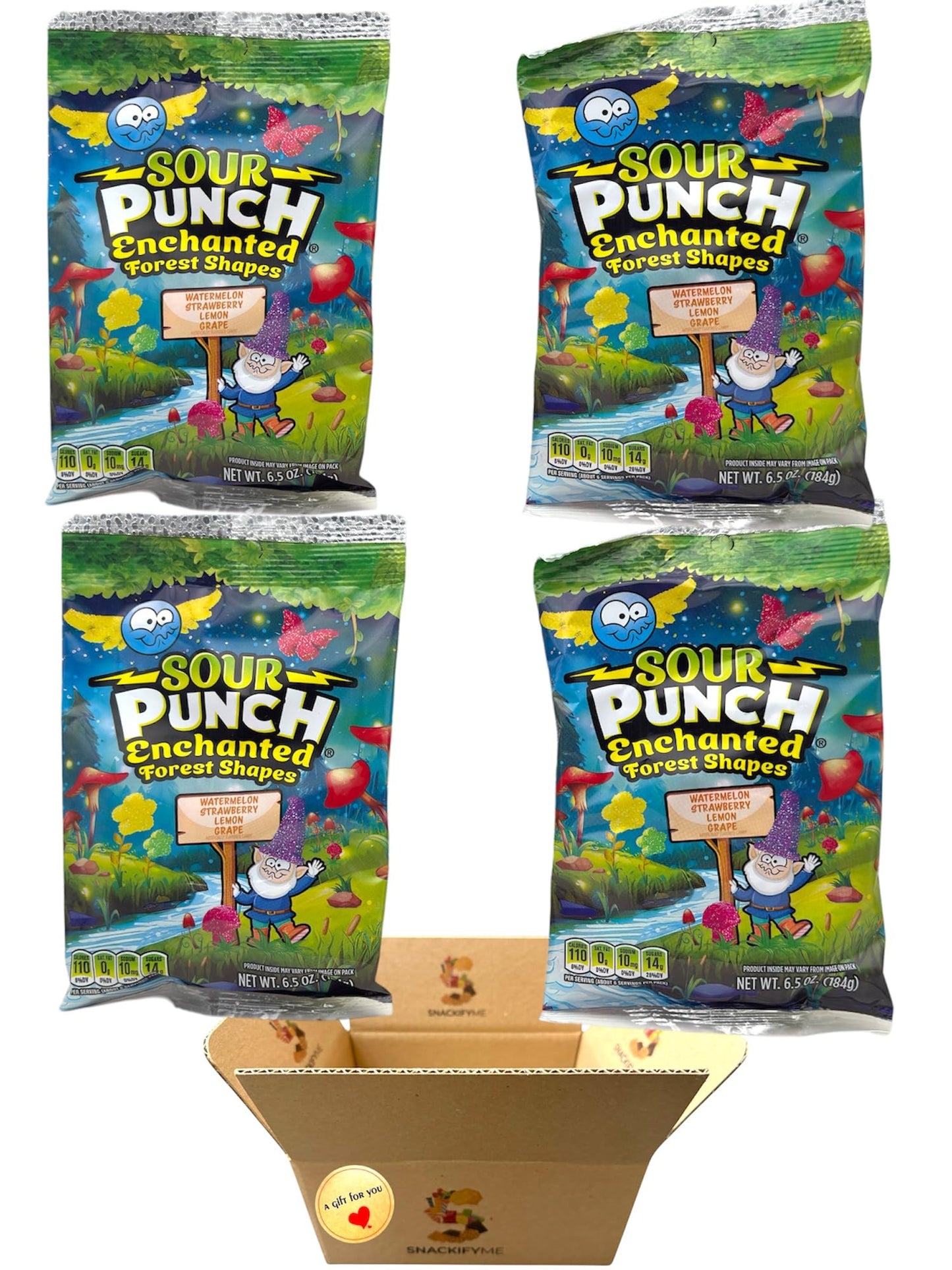 SNACKIFYME Gift Box Enchanted Forest Shapes Sour Candy 4-Pack (26 oz Total) - Assorted Fruit Flavors, Chewy Gummy Treats, Bulk
