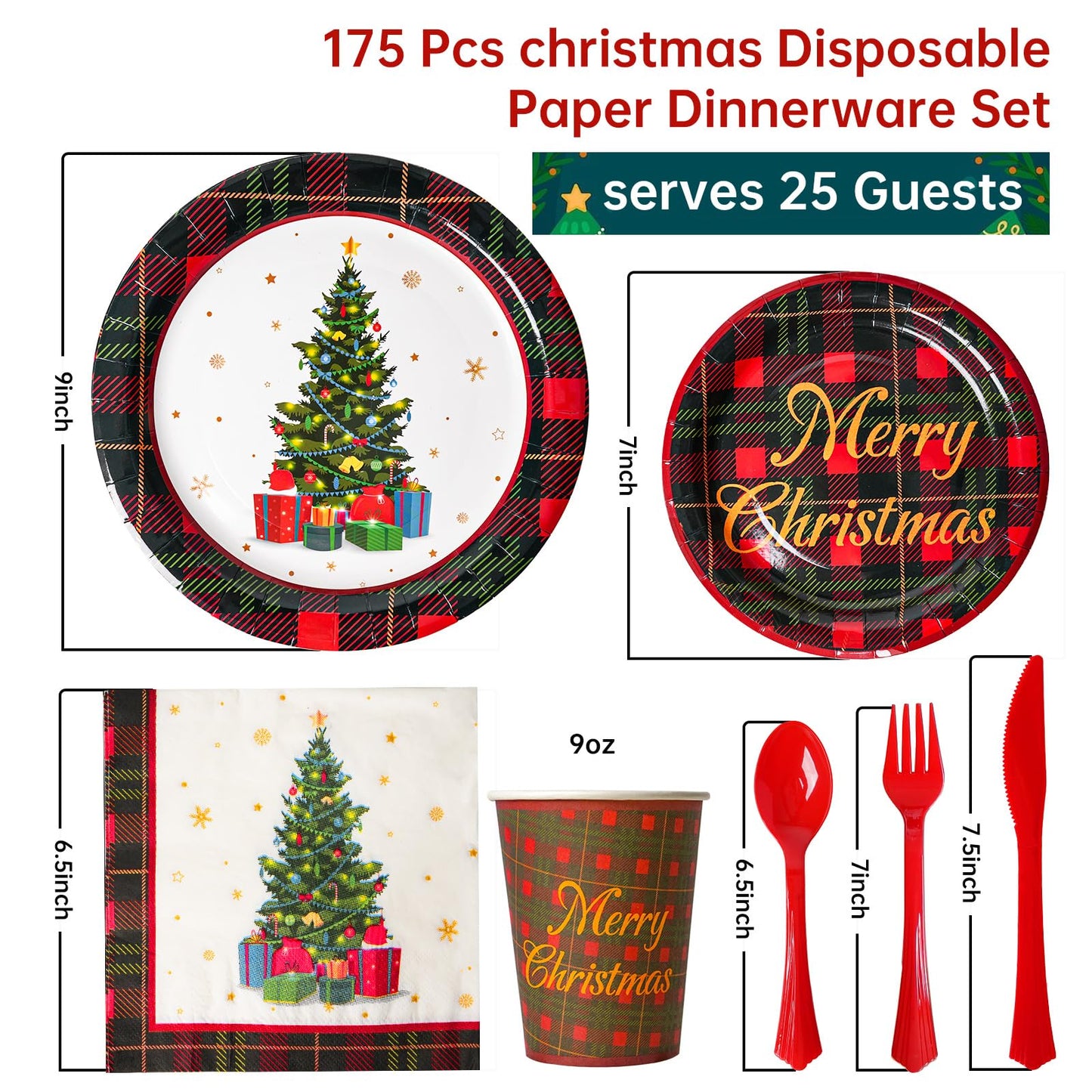 KTCNMER 175 Pcs Christmas Dinnerware Set Disposable Paper Plates and Napkins for 25 Guests Holiday Tableware Kits Cups Forks Knives Spoons
