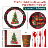 KTCNMER 175 Pcs Christmas Dinnerware Set Disposable Paper Plates and Napkins for 25 Guests Holiday Tableware Kits Cups Forks Knives Spoons