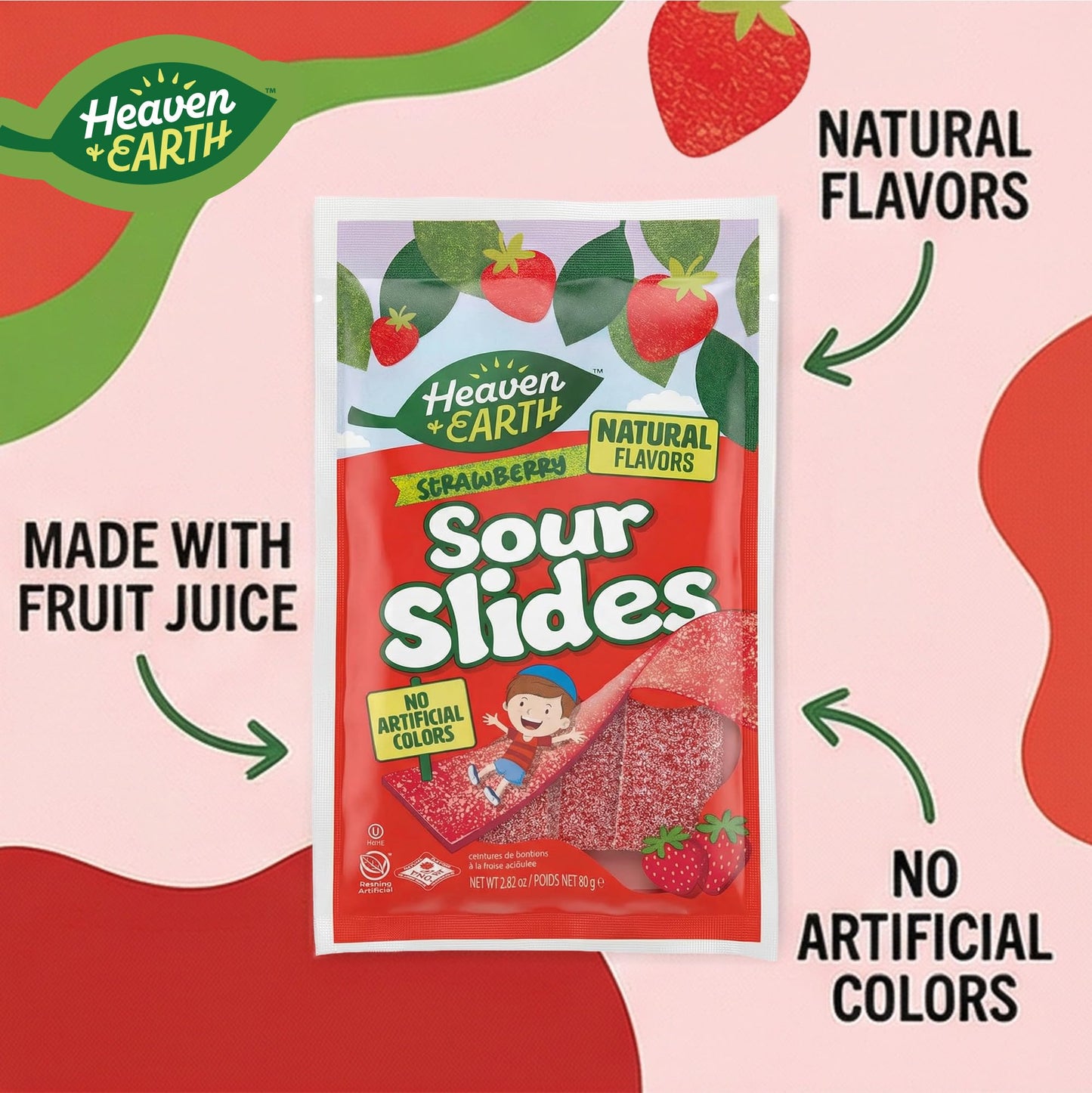 Heaven & Earth Strawberry Sour Slides Candy, 2.8 oz (6 Pack) | Sour Belts | Natural Flavors, No Artificial Colors | Made with Real Fruit Juice |
