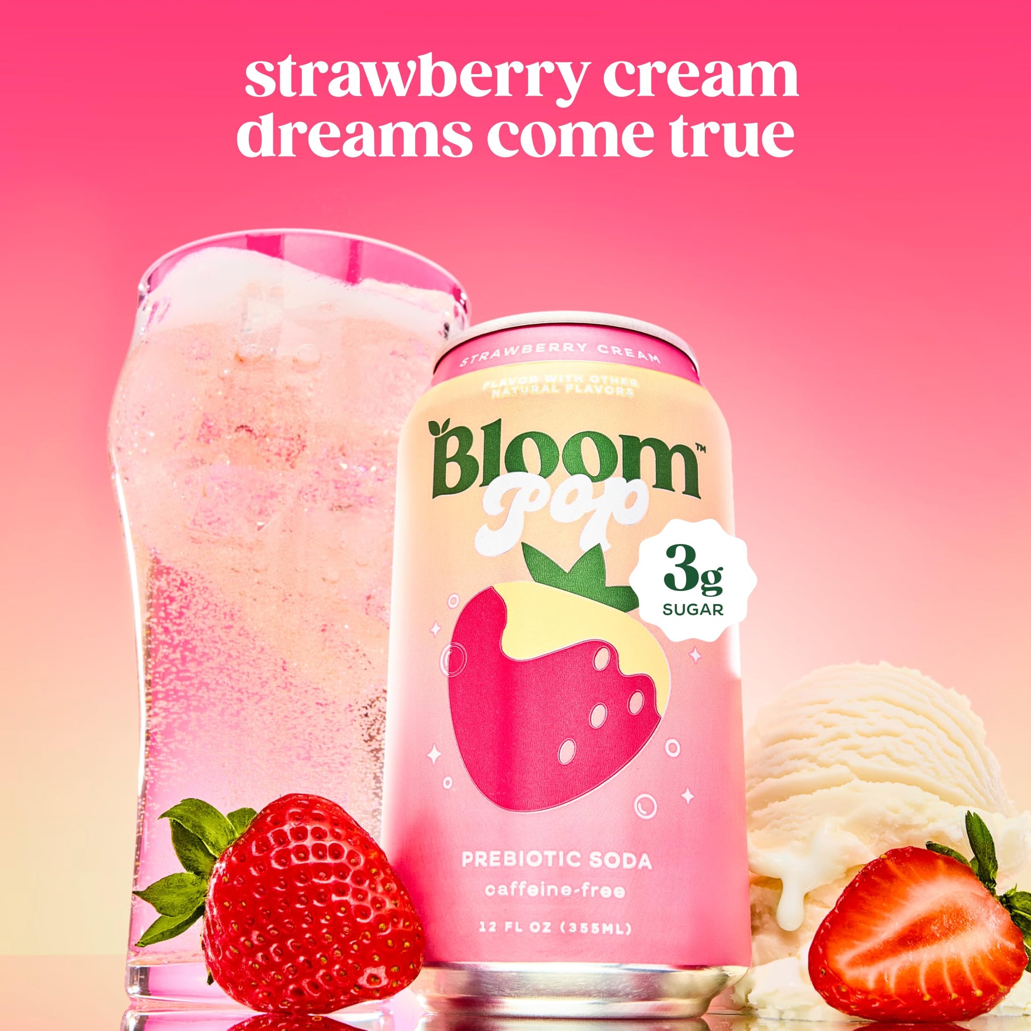 Bloom Pop Prebiotic Soda 12 Pack, Strawberry Cream Flavor, 12oz Cans | Prebiotic Soda for Gut Health, Low Calorie Soda, No Caffeine, Healthy Soft