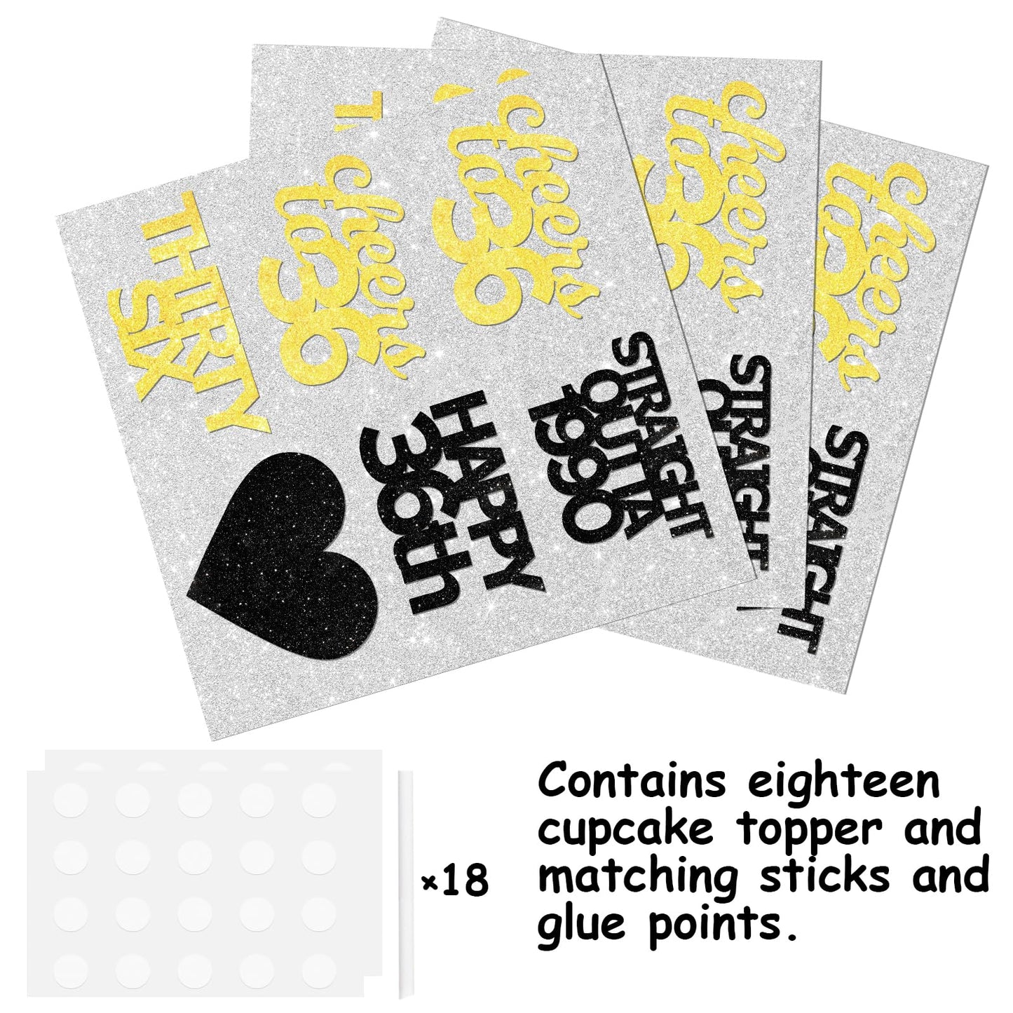 18pcs Black Gold Glitter Dessert Cupcake Pick for Straight Outta 1990 Cheer to 36 Years Old Theme Decor Supplies Happy 36th Birthday Party Decoration