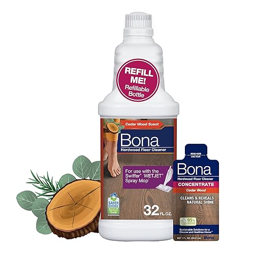 Bona Hardwood Floor Cleaner Bottle for use with Swiffer WETJET Spray Mop, Cedar Wood Scent, makes 64 Fl Oz - Includes Filled Bottle + Concentrate