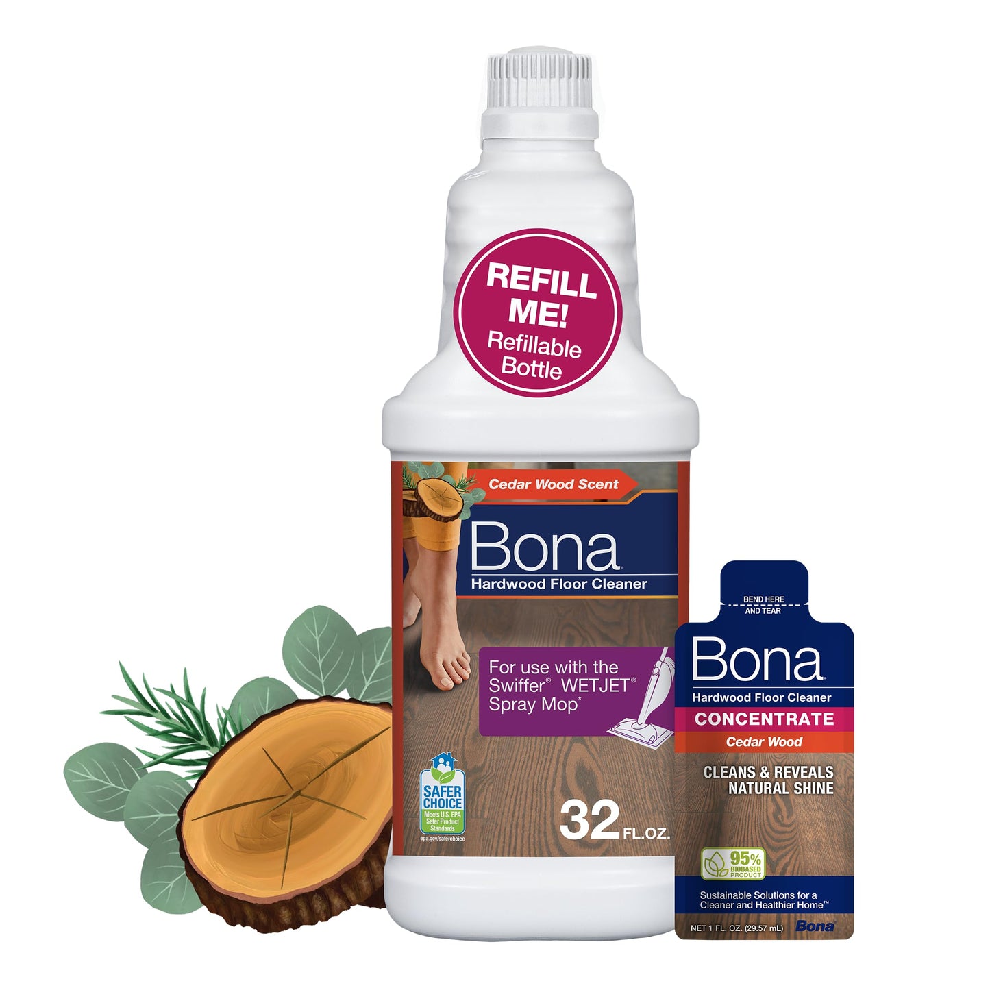 Bona Hardwood Floor Cleaner Bottle for use with Swiffer WETJET Spray Mop, Cedar Wood Scent, makes 64 Fl Oz - Includes Filled Bottle + Concentrate