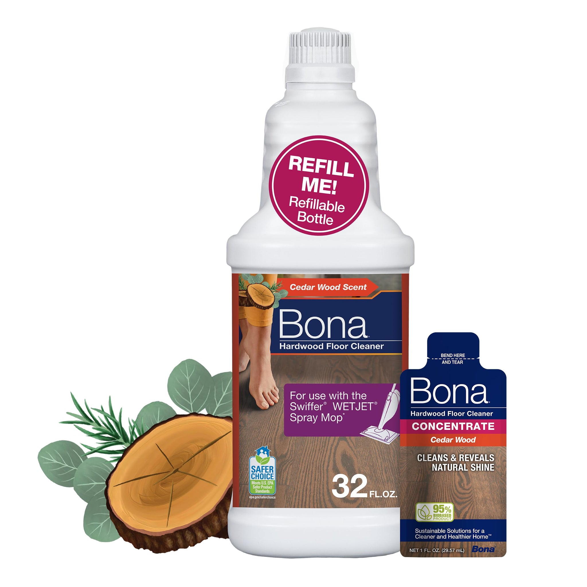 Bona Hardwood Floor Cleaner Bottle for use with Swiffer WETJET Spray Mop, Cedar Wood Scent, makes 64 Fl Oz - Includes Filled Bottle + Concentrate