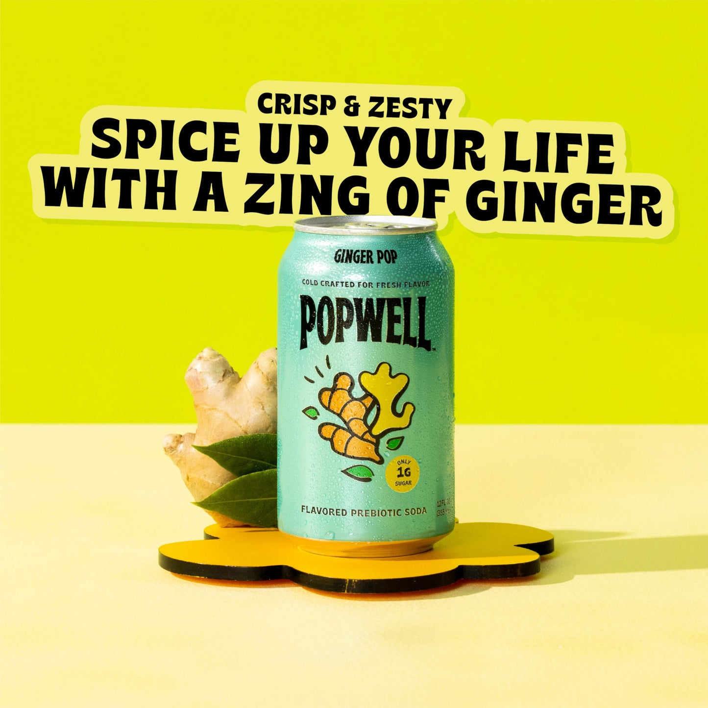 Popwell Ginger Pop Better-For-You Prebiotic Soda, with 6g Fiber, 1g Sugar, Vitamins and Immunity Support, 12 fl oz Cans (pack of 12)