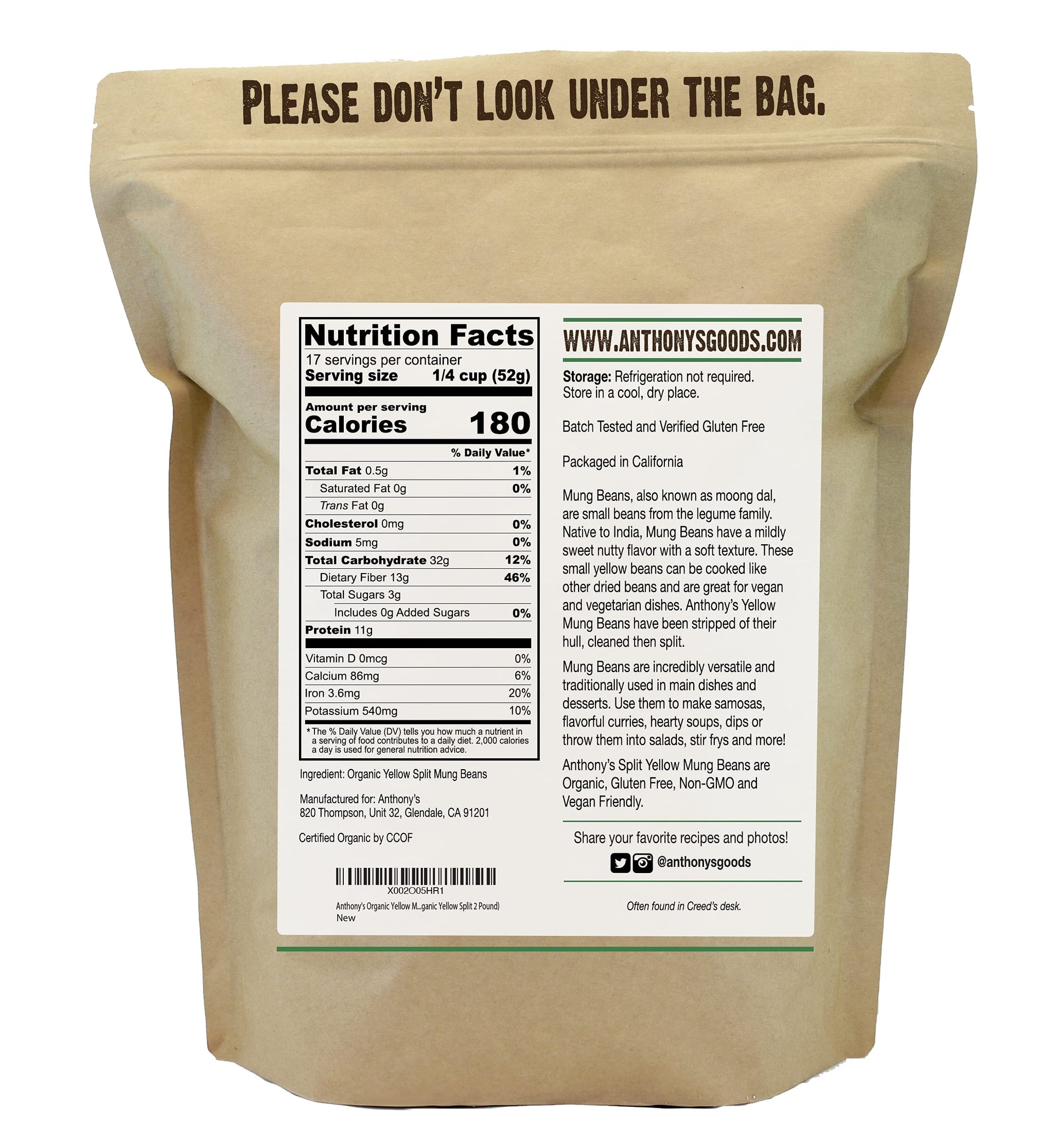 Anthony's Organic Split Yellow Mung Bean, 2 lb, Moong Dal, Gluten Free, Non GMO, Vegan