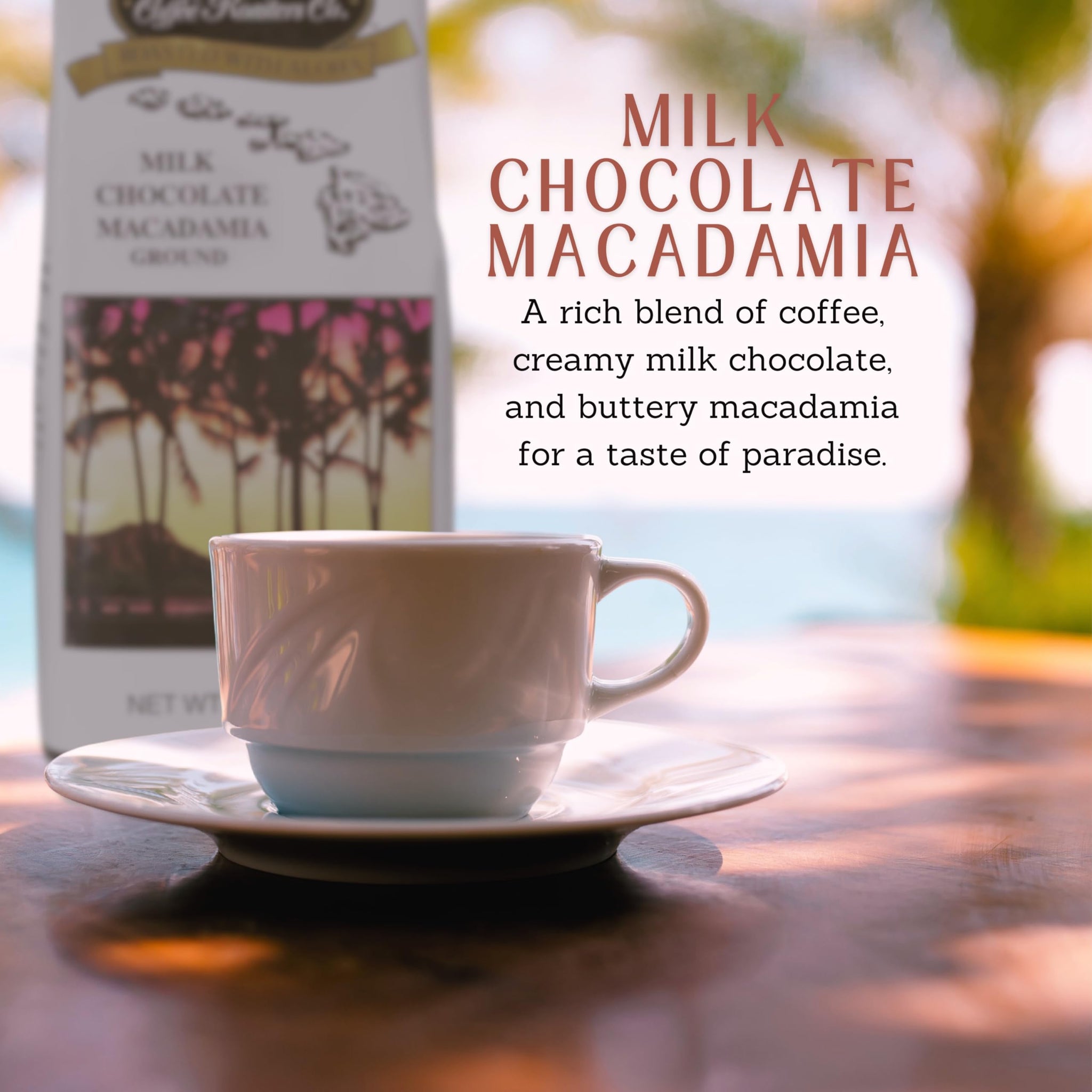 Hawaiian Isles Coffee Milk Chocolate Macadamia Flavored, Light Roast Ground Coffee, Roasted with Aloha - 8 Ounce Bag