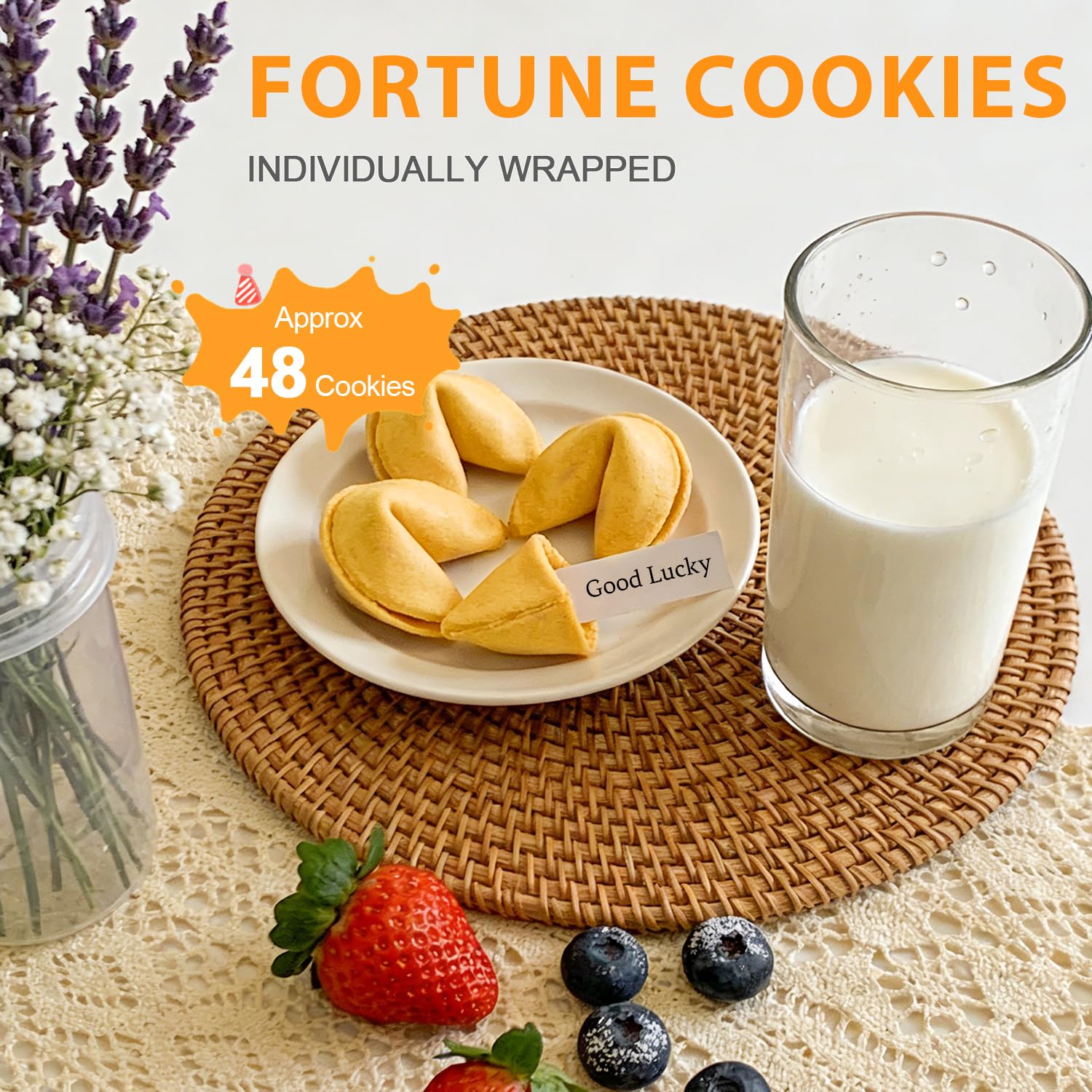 Soeos Fortune Cookies, Approx 48 Count, Vanilla Flavor, Fortune Cookies Individually Wrapped Bulk, Individually Packed Crisp Cookies with Fun
