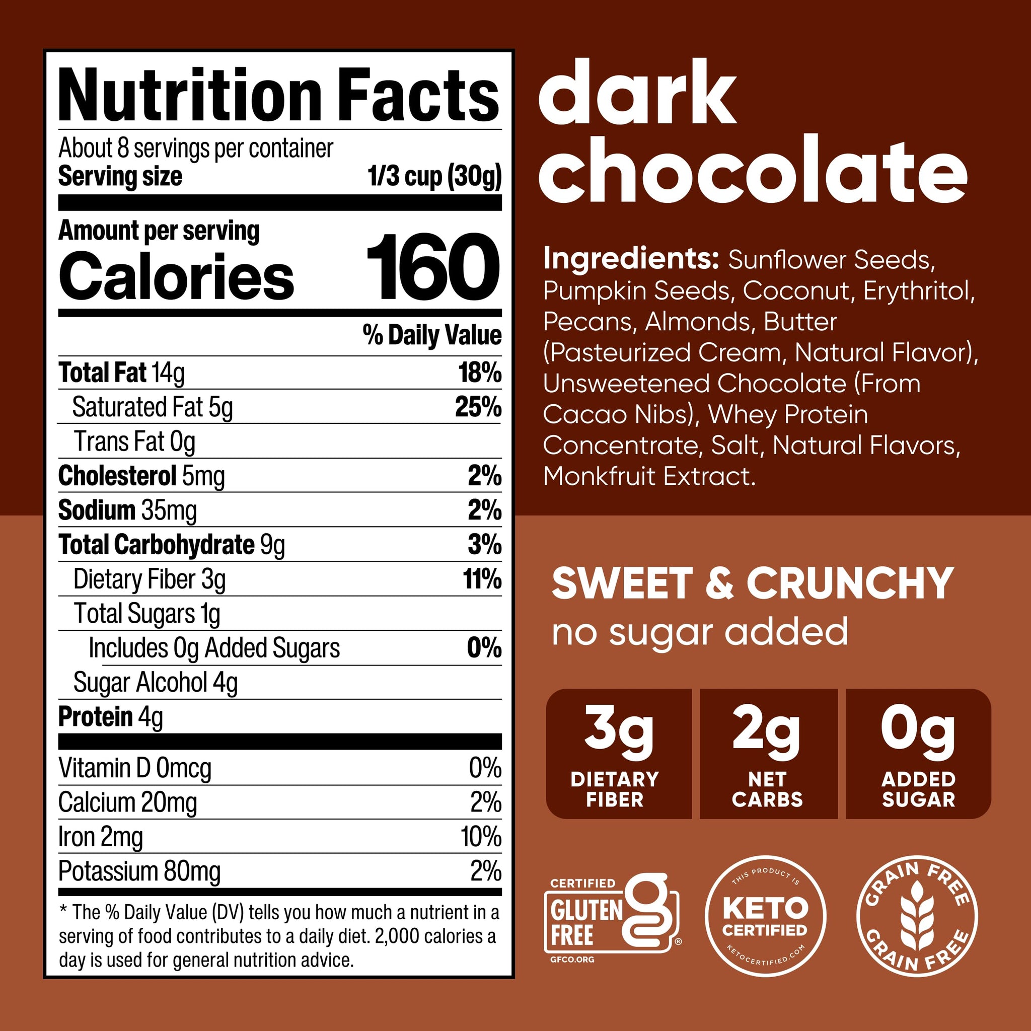 NuTrail Nut Granola, Dark Chocolate, No Sugar Added, Gluten Free, Grain Free, Keto, Low Carb, Healthy Breakfast Cereal 8 oz. 6 Count