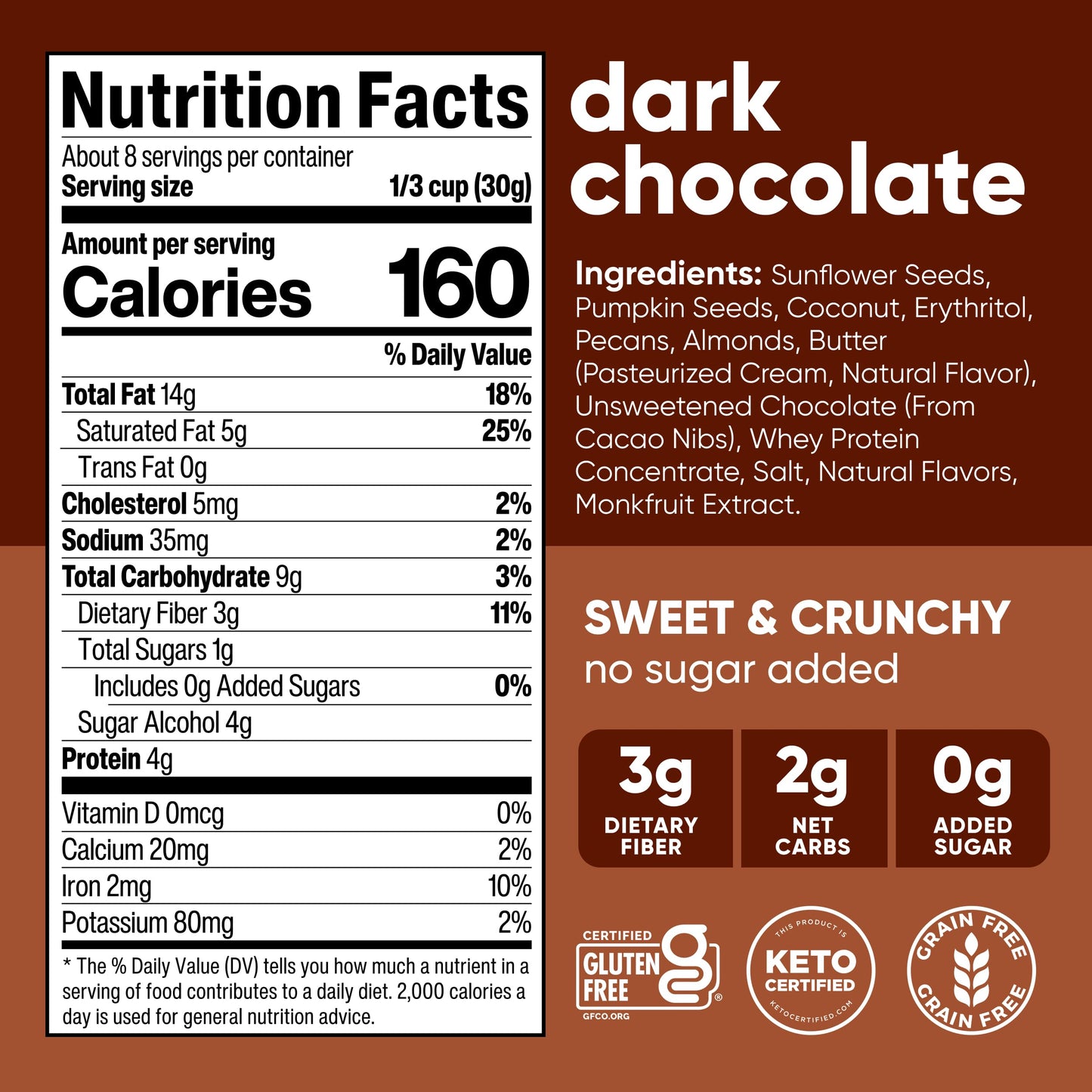 NuTrail Nut Granola Cereal, Dark Chocolate, No Sugar Added, Keto, Low Carb, Gluten Free, Grain Free, Healthy Breakfast 8 oz. 1 Count