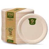 Comfy Package GUSTO 9 Inch - Paper Plates, 100% Compostable Plates Heavy-Duty - [250 Count] Kraft Biodegradable Plates, Disposable Sugarcane Paper