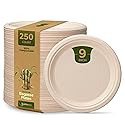 Comfy Package GUSTO 9 Inch - Paper Plates, 100% Compostable Plates Heavy-Duty - [250 Count] Kraft Biodegradable Plates, Disposable Sugarcane Paper